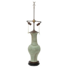 Chinese 17th Century Longquan Celadon Vase Mounted as a Lamp with Jade Pulls