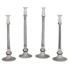 Set of Four Lorin Marsh Murano Clear Glass Silver Fleck Candlesticks