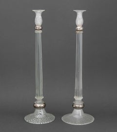 Set of Four Lorin Marsh Murano Clear Glass Silver Fleck Candlesticks