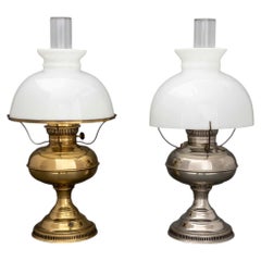 Two Electrified Oil Lamps, Each With a Milk Glass Shade
