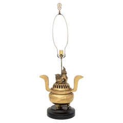 Chinese Foo Lion Gilt Brass Censer Mounted as a Lamp