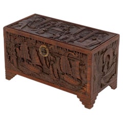 Antique Chinese Figural Relief Carved Camphor Wood Chest