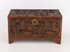 Antique Chinese Figural Relief Carved Camphor Wood Chest