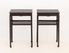 Pair of Chinese Two-Tier Lacquered Wood Pedestal Tables