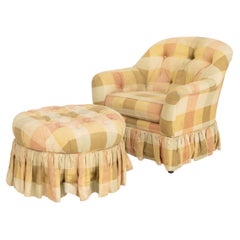 Ethan Allen Plaid Cotton Upholstered Arm Chair and Ottoman