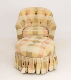 Ethan Allen Plaid Cotton Upholstered Arm Chair and Ottoman