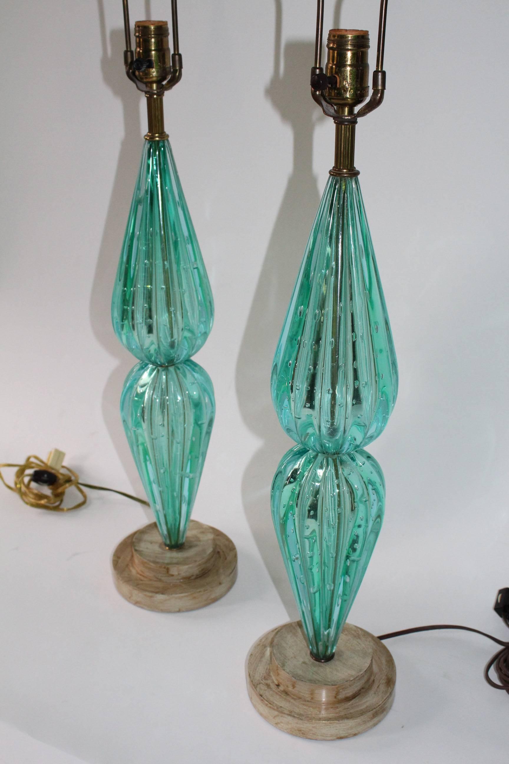 Gilt Pair of Aquamarine Murano Glass Bullicante Lamps
