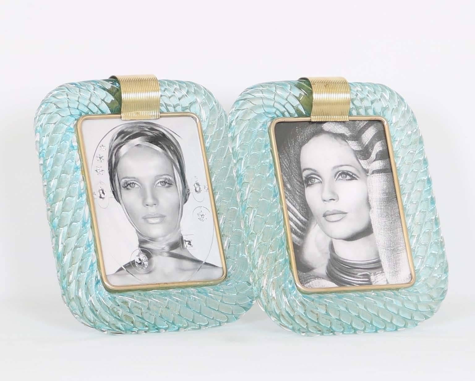 Mid-Century Modern Pair of Large Venini 'Torciglione' Frames in Aqua Murano Glass with Gold Flakes