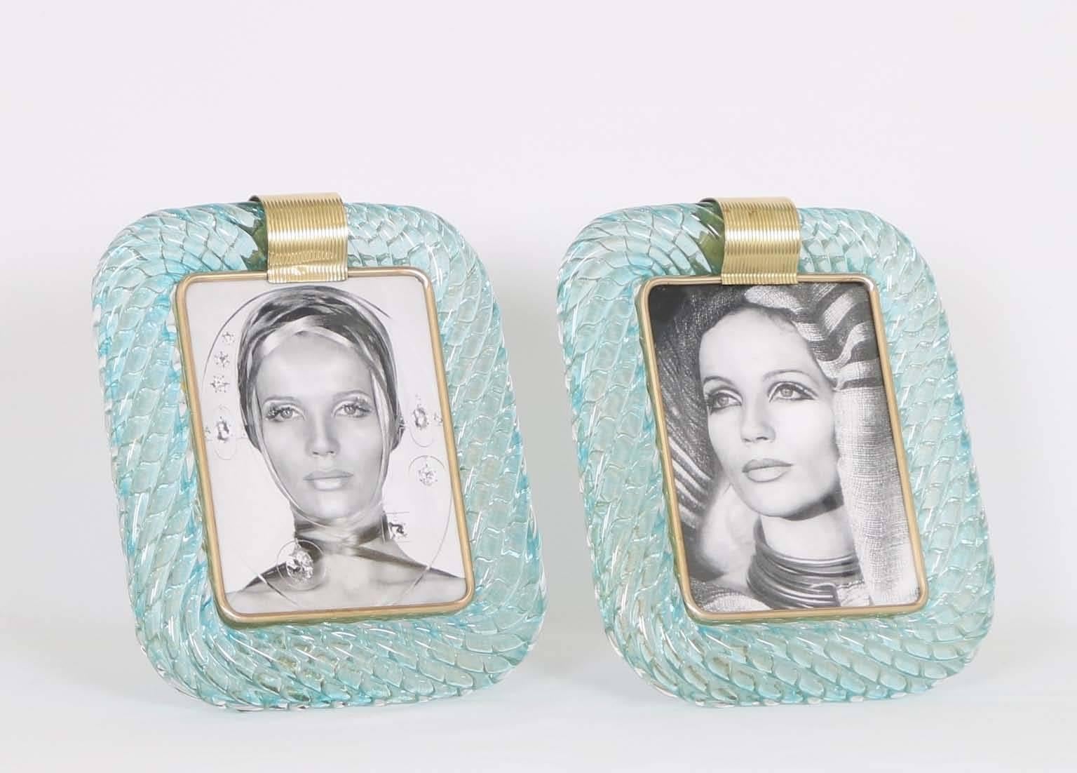 Pair of Large Venini 'Torciglione' Frames in Aqua Murano Glass with Gold Flakes In Excellent Condition In New York, NY