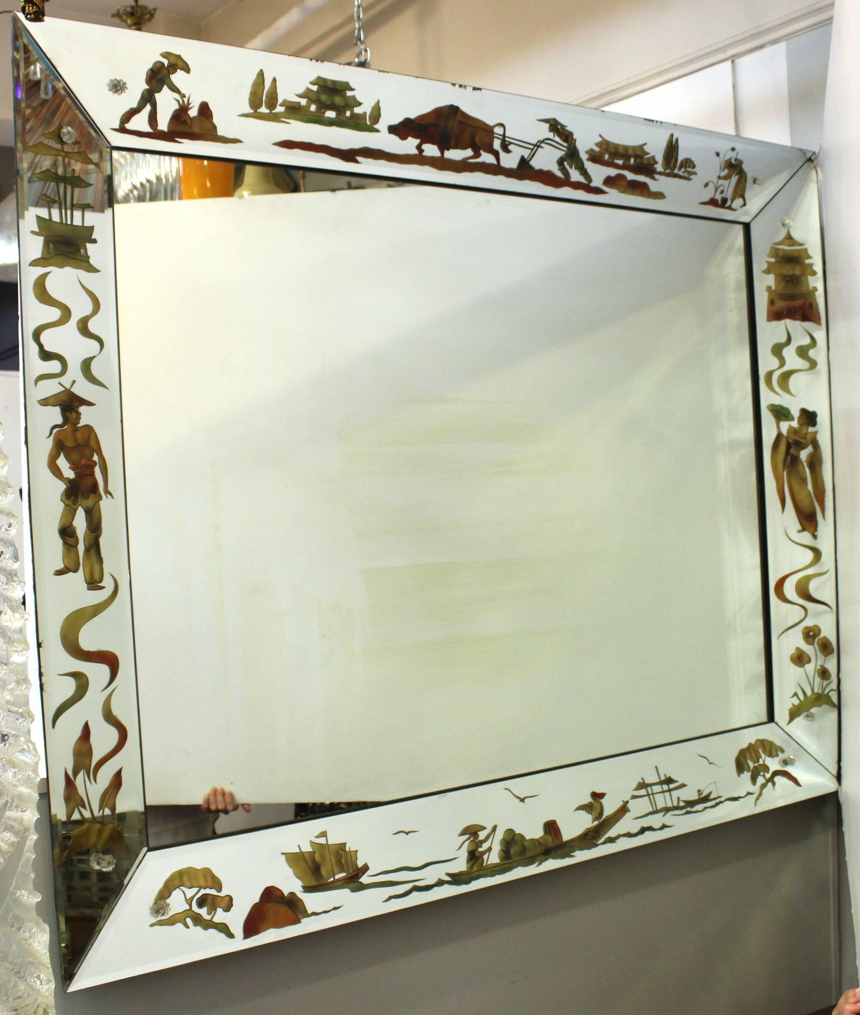 A vintage mirror with Asian-inspired detailing. The piece has scenes of figures, animals and landscapes painted around the edges.