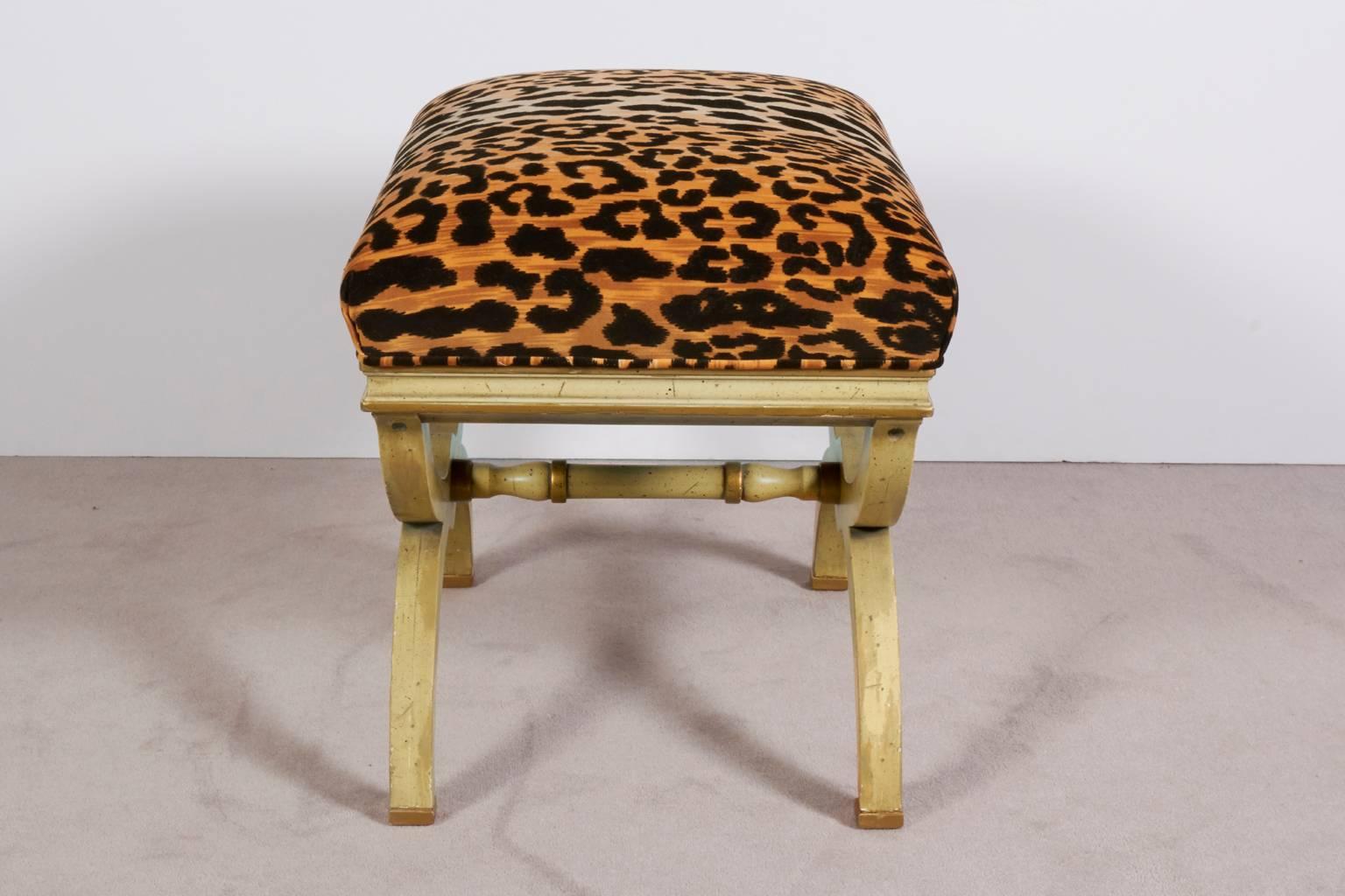 American Pair of Hollywood Regency Leopard Print Velvet Benches