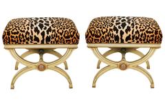 Pair of Hollywood Regency Leopard Print Velvet Benches