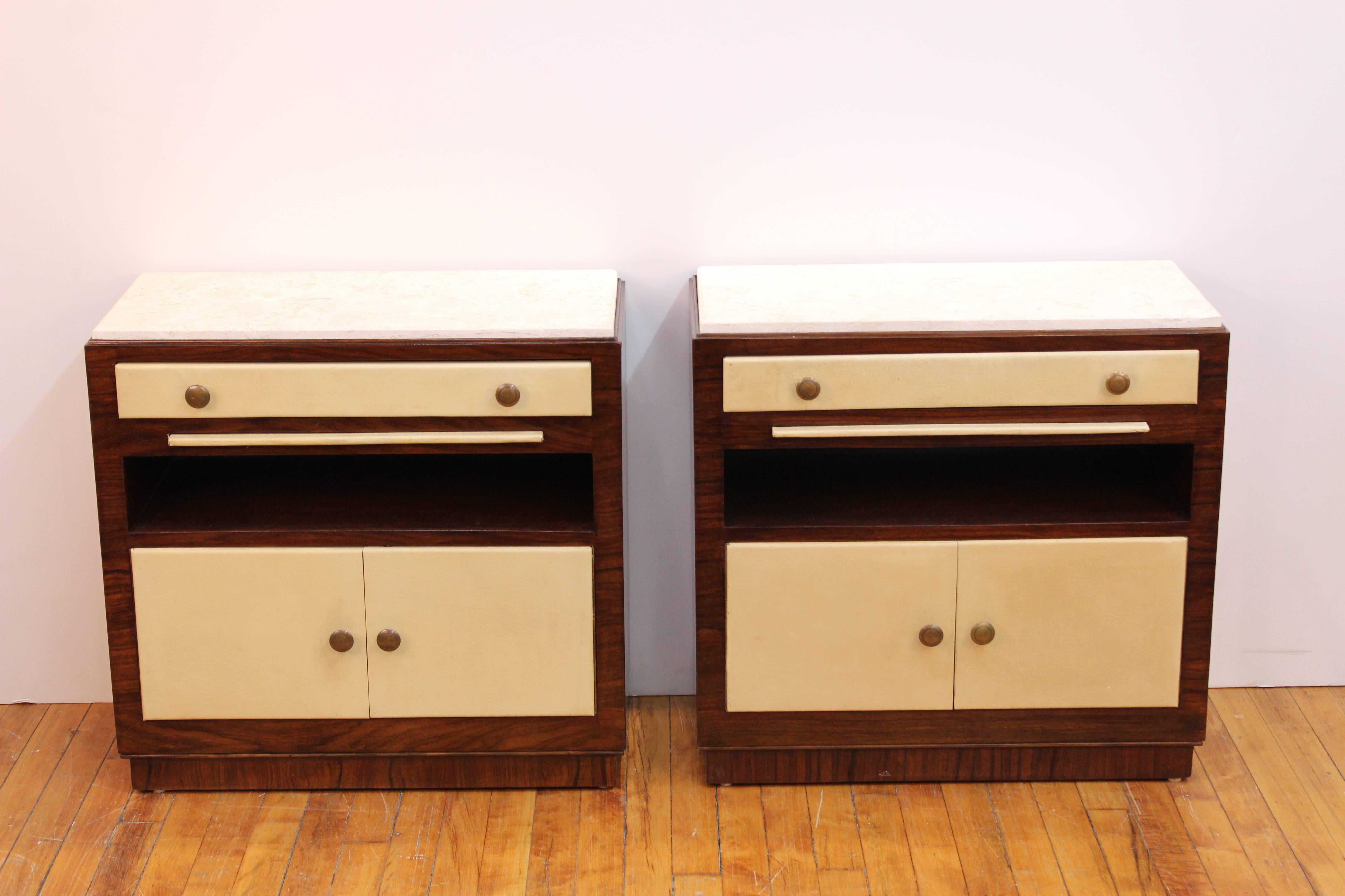 Pair of Art Deco Rosewood and Leather Nightstands with Marble Tops In Excellent Condition In New York, NY