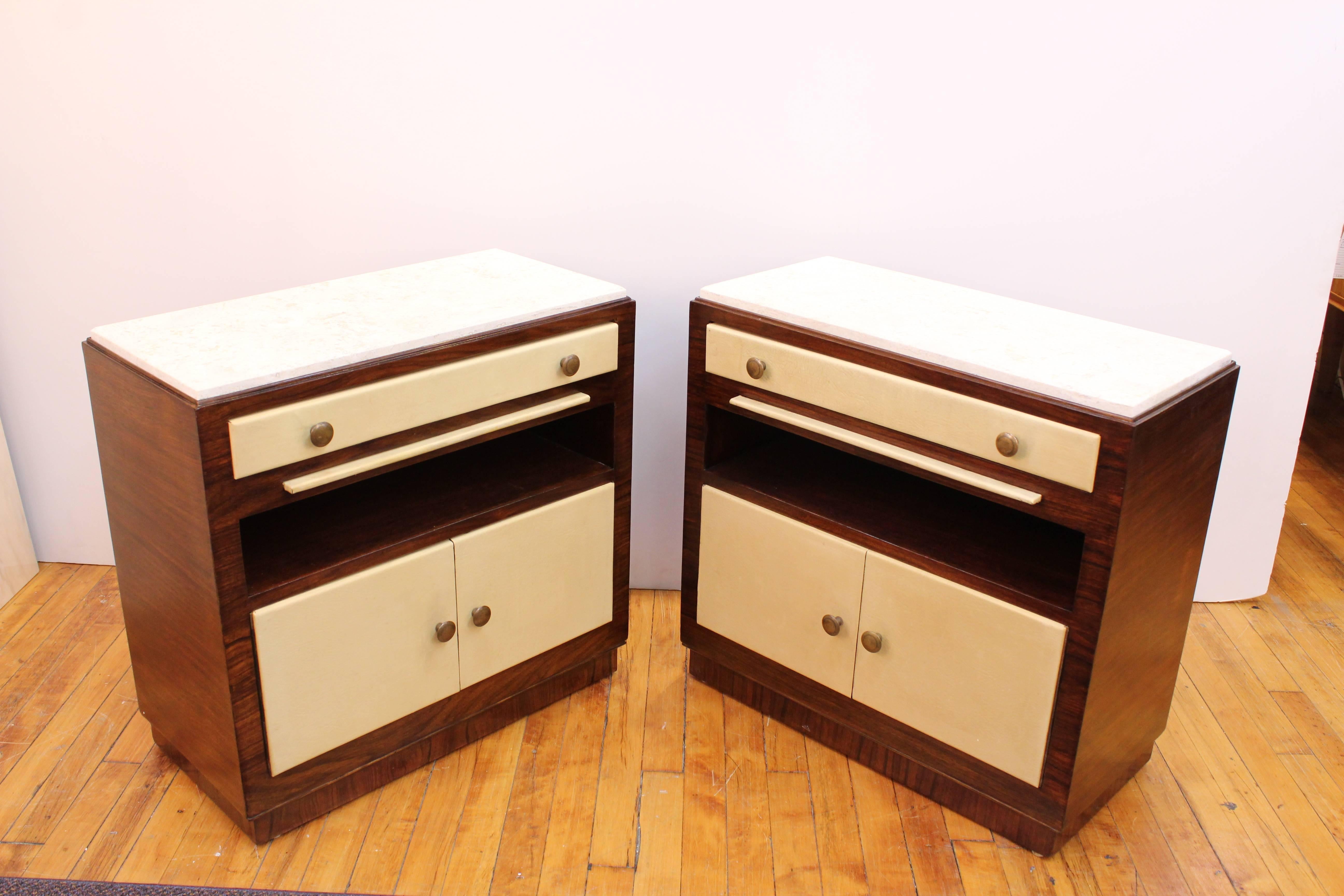 20th Century Pair of Art Deco Rosewood and Leather Nightstands with Marble Tops