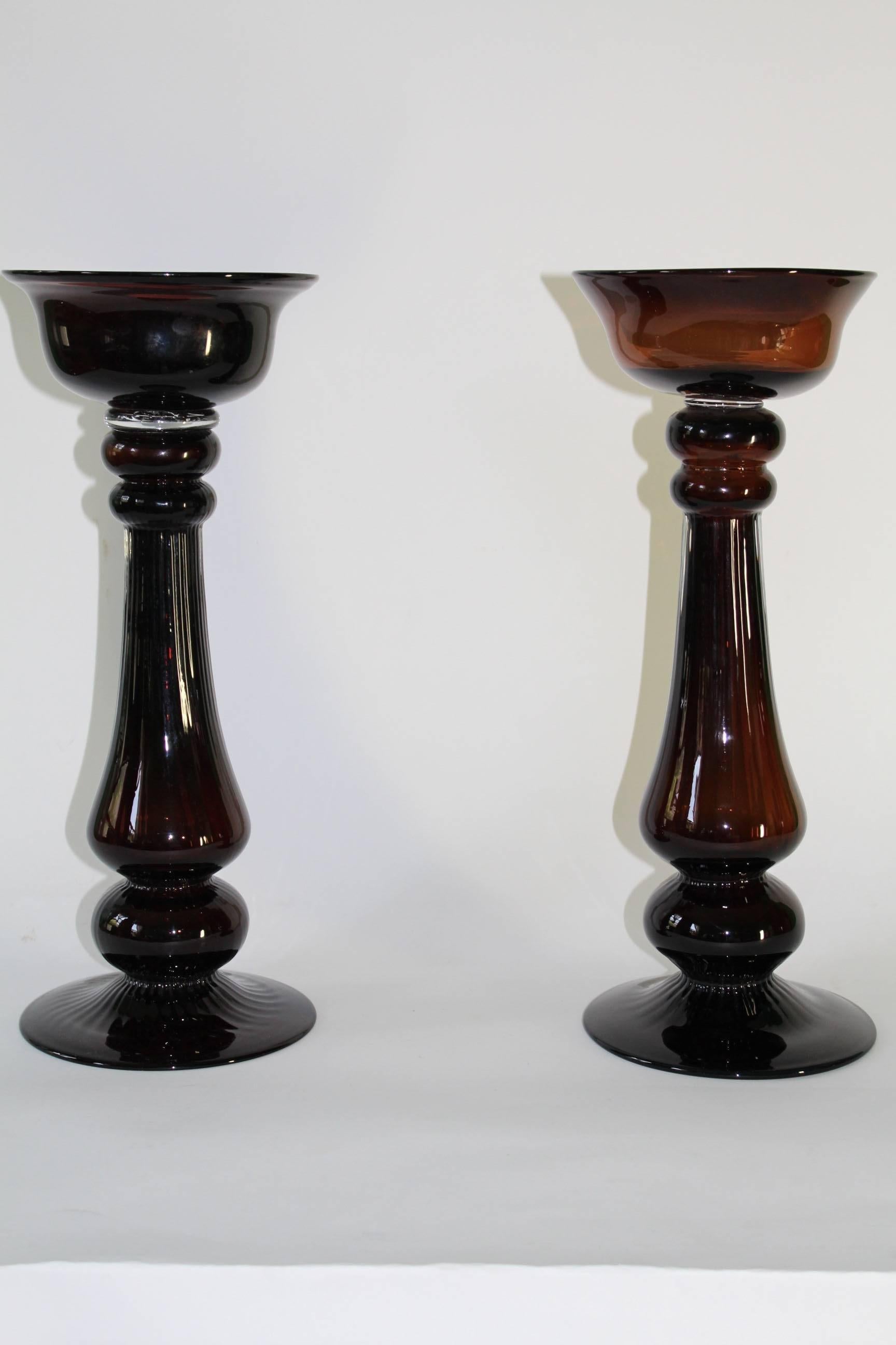 Pair of Mid-Century Modern Hand Blown Glass Baluster Candlesticks In Good Condition In New York, NY