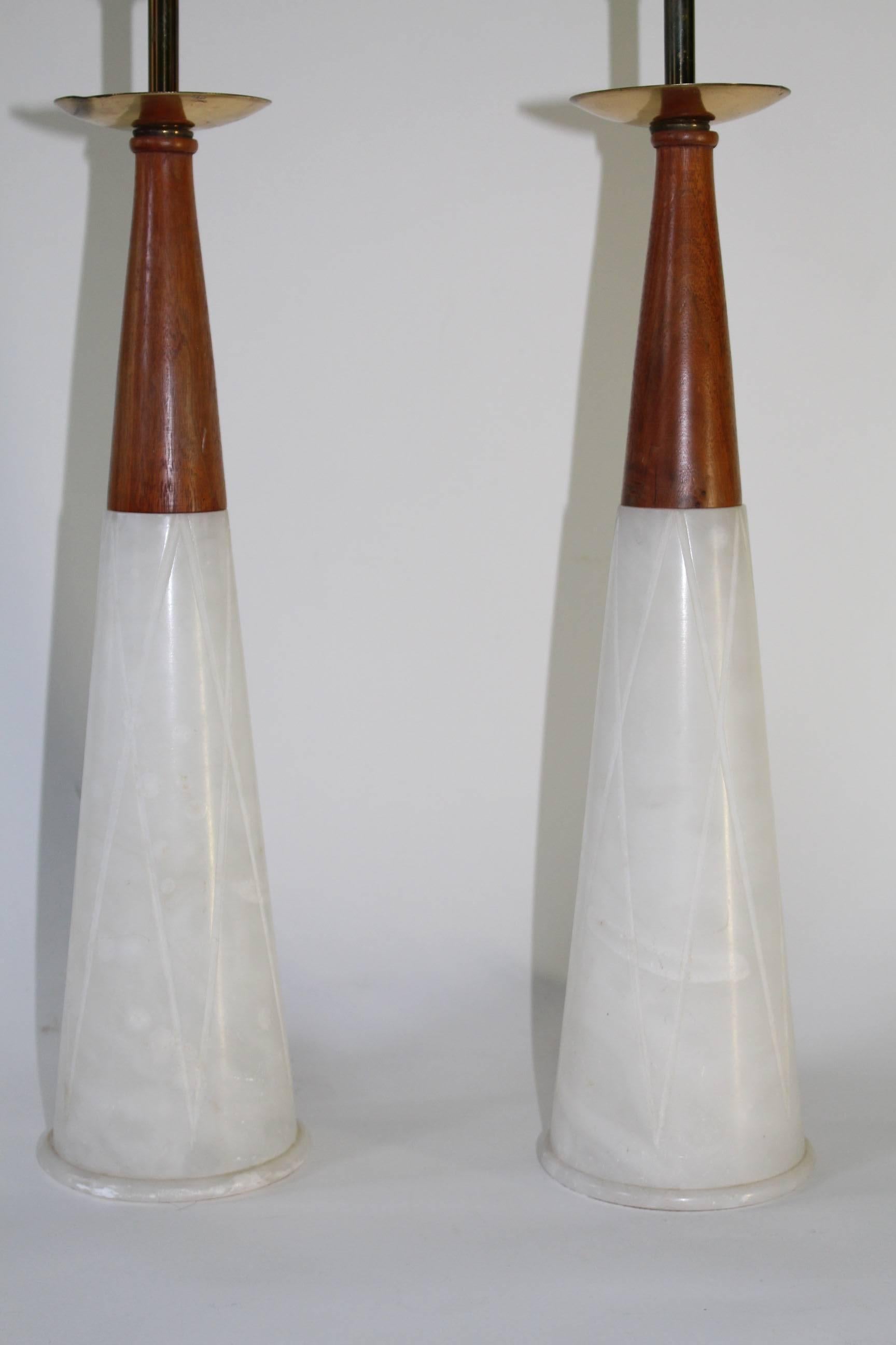 Italian 1950s Conical Marble Lamps with Brass and Walnut Accents 1