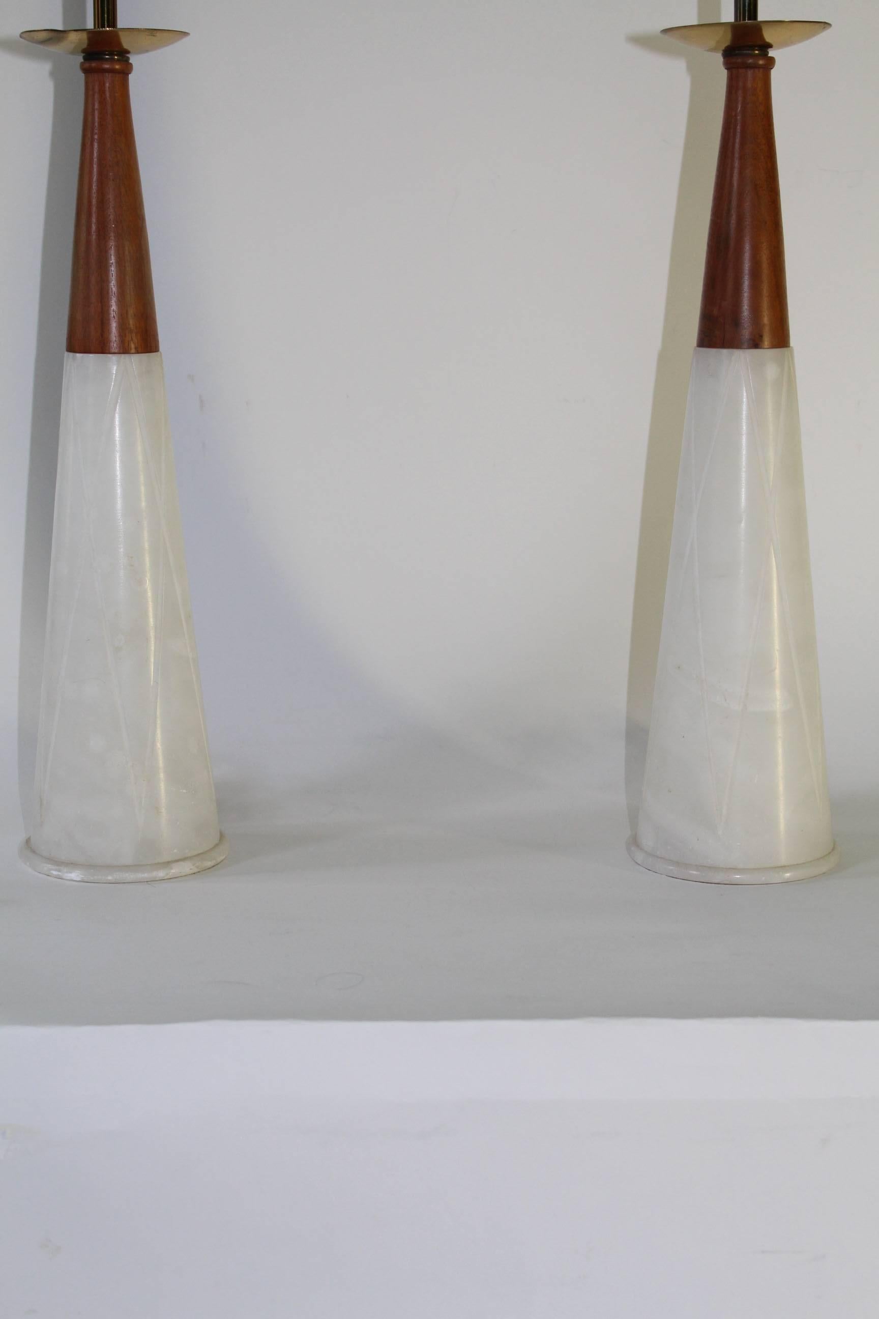 Italian 1950s Conical Marble Lamps with Brass and Walnut Accents 2