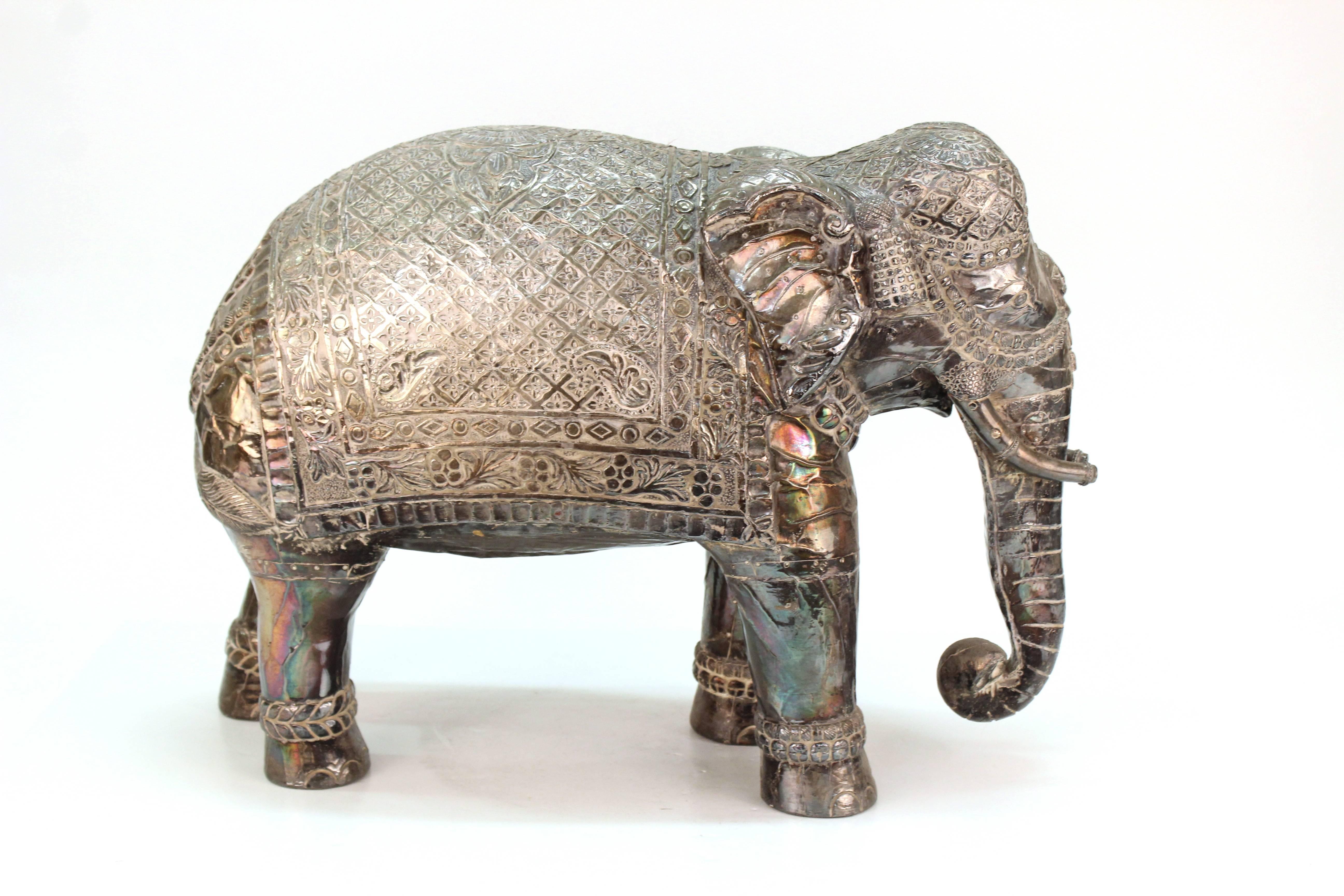 Embossed Pair of Silver Indian Elephant Sculptures