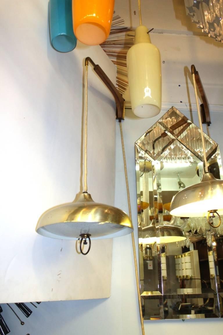 Pair of Brass and Teak Pendants In Good Condition In New York, NY