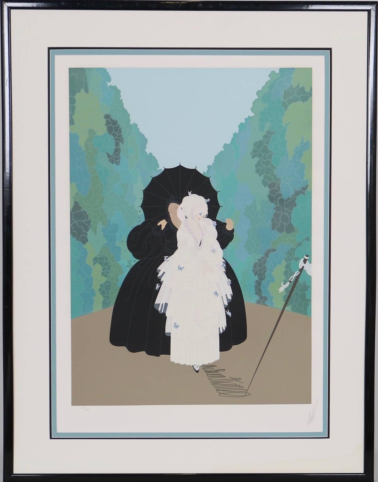 An original signed silkscreen by Erte; numbered 299/300. Titled 'Debutante'; depicts a stylized young woman in an all white dress with her guardian who is wearing all black including veil and parasol strolling among a corridor of foliage. The print