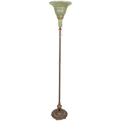 Early 20th Century Art Nouveau Brass Torchiere with Green Glass Shade