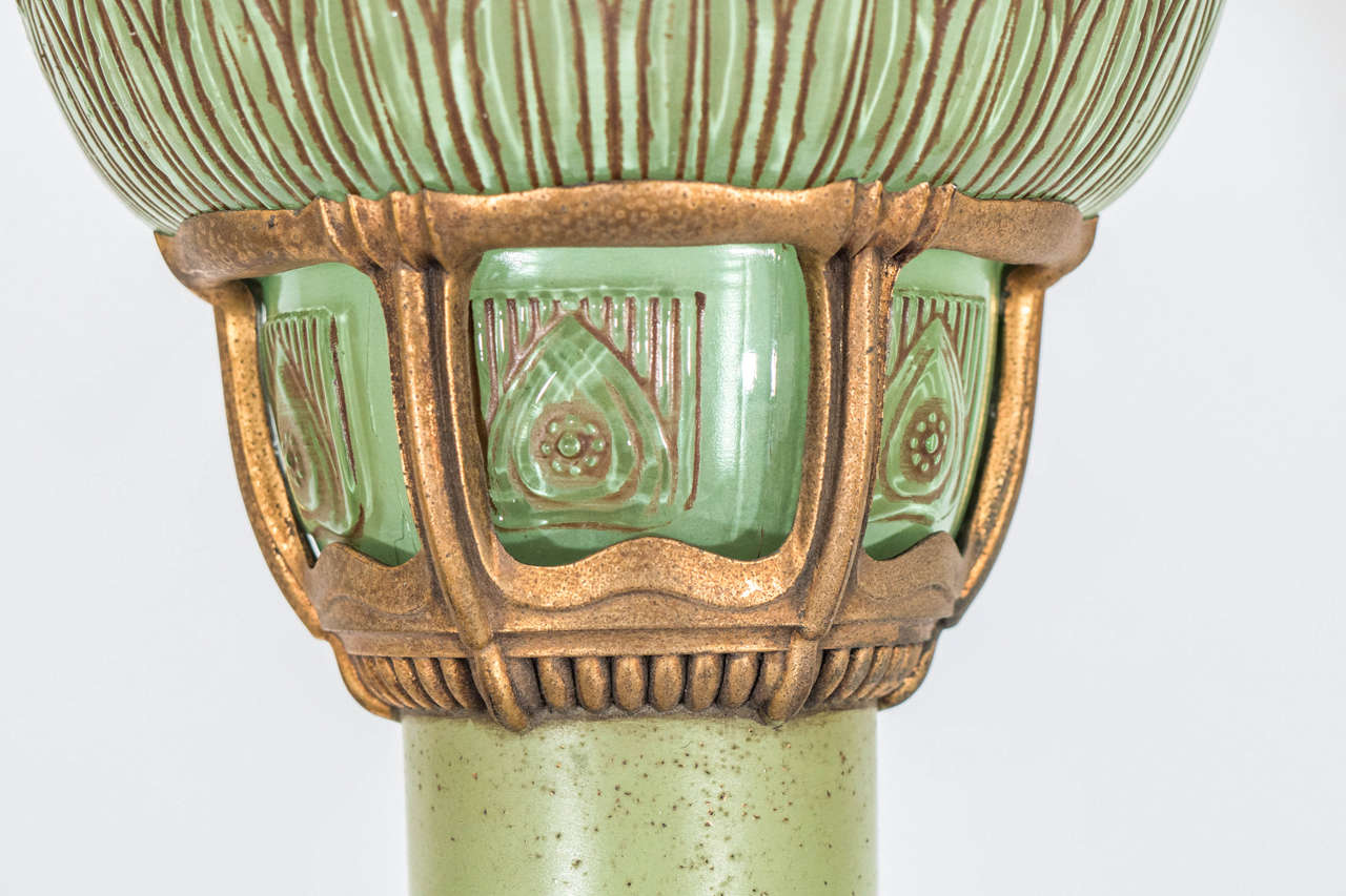 Early 20th Century Art Nouveau Brass Torchiere with Green Glass Shade In Good Condition In New York, NY