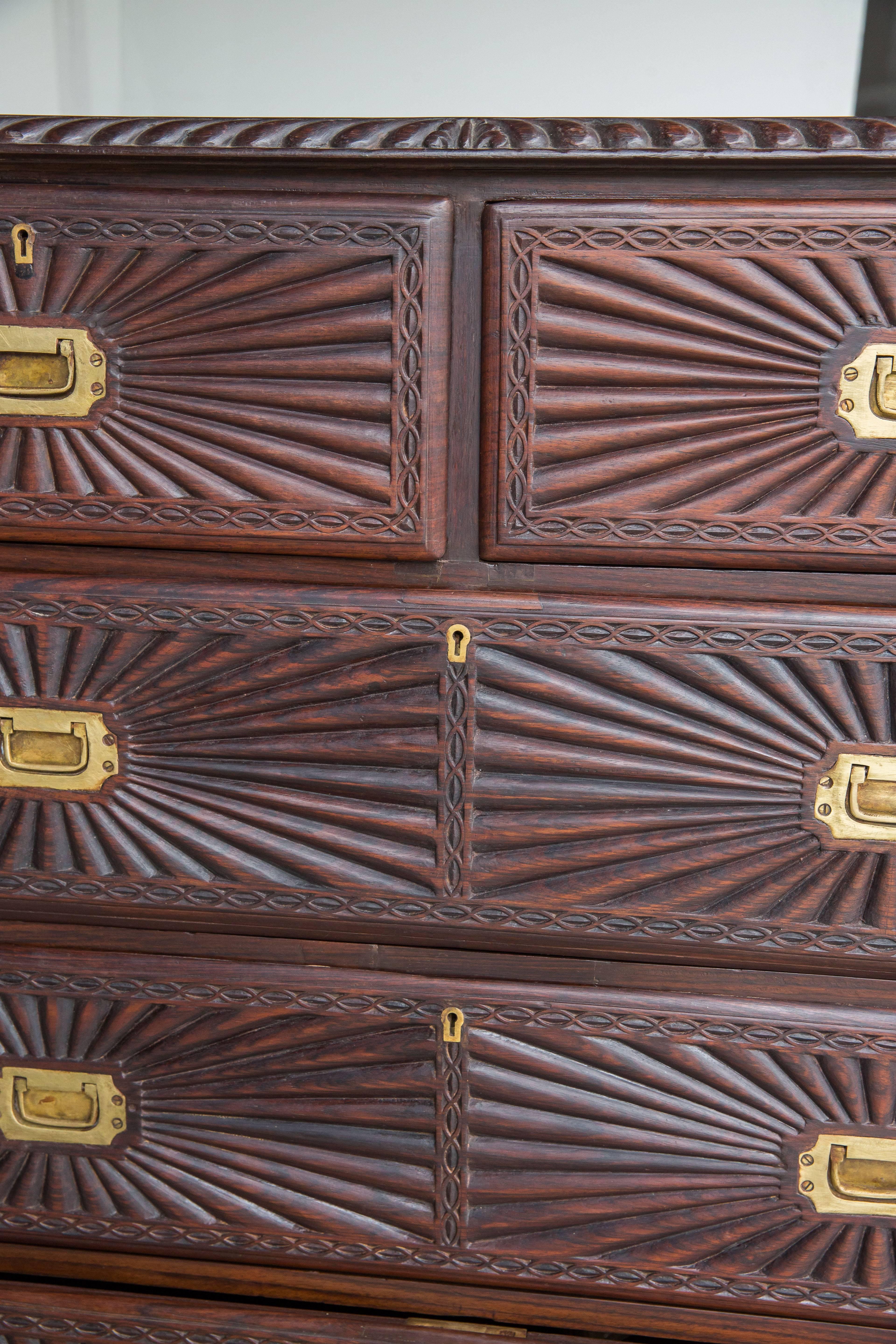 Indian Indo-Portuguese Rosewood Chest of Drawers with Sunburst Pattern For Sale