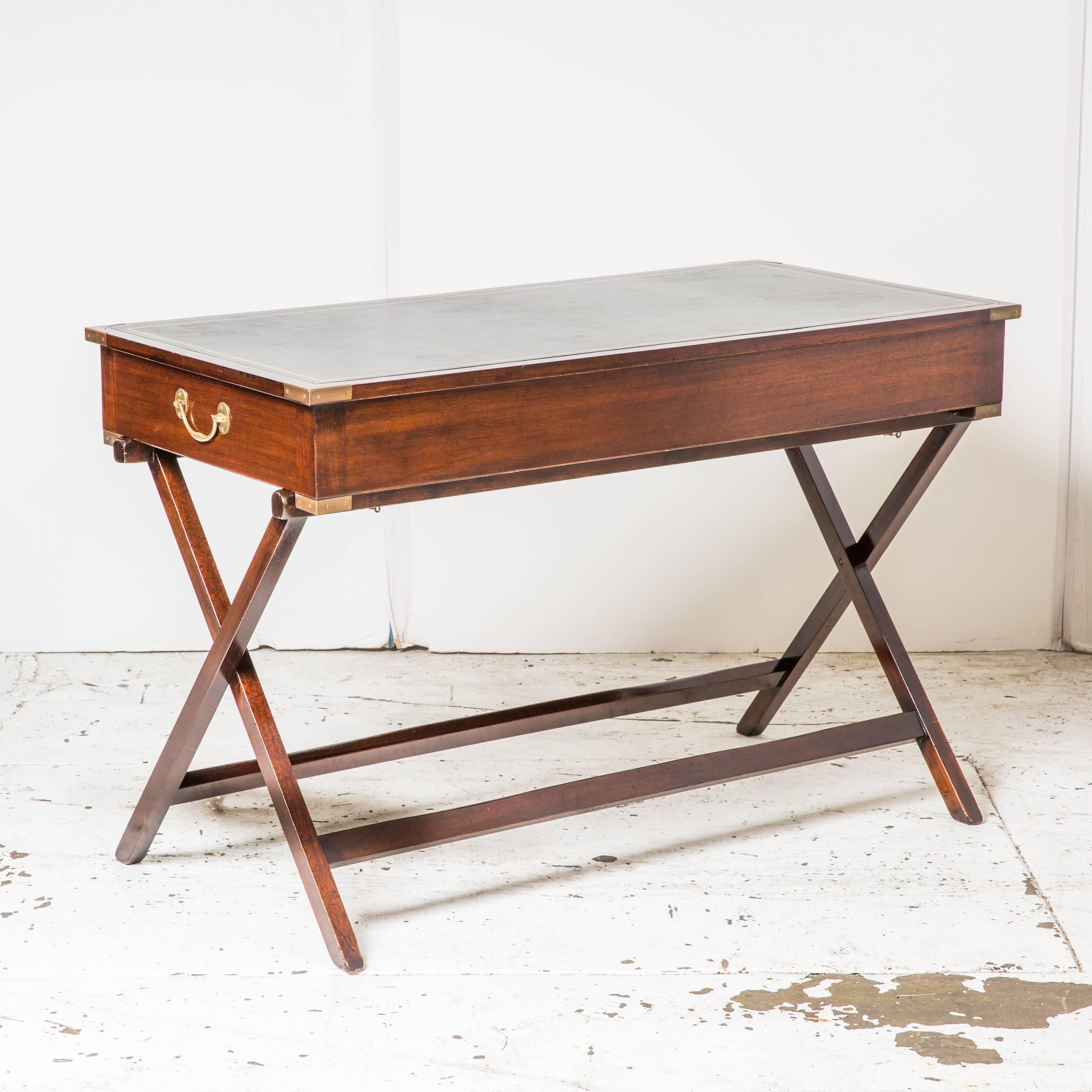 Campaign Style Desk with Leather Inset In Good Condition In Richmond, CA