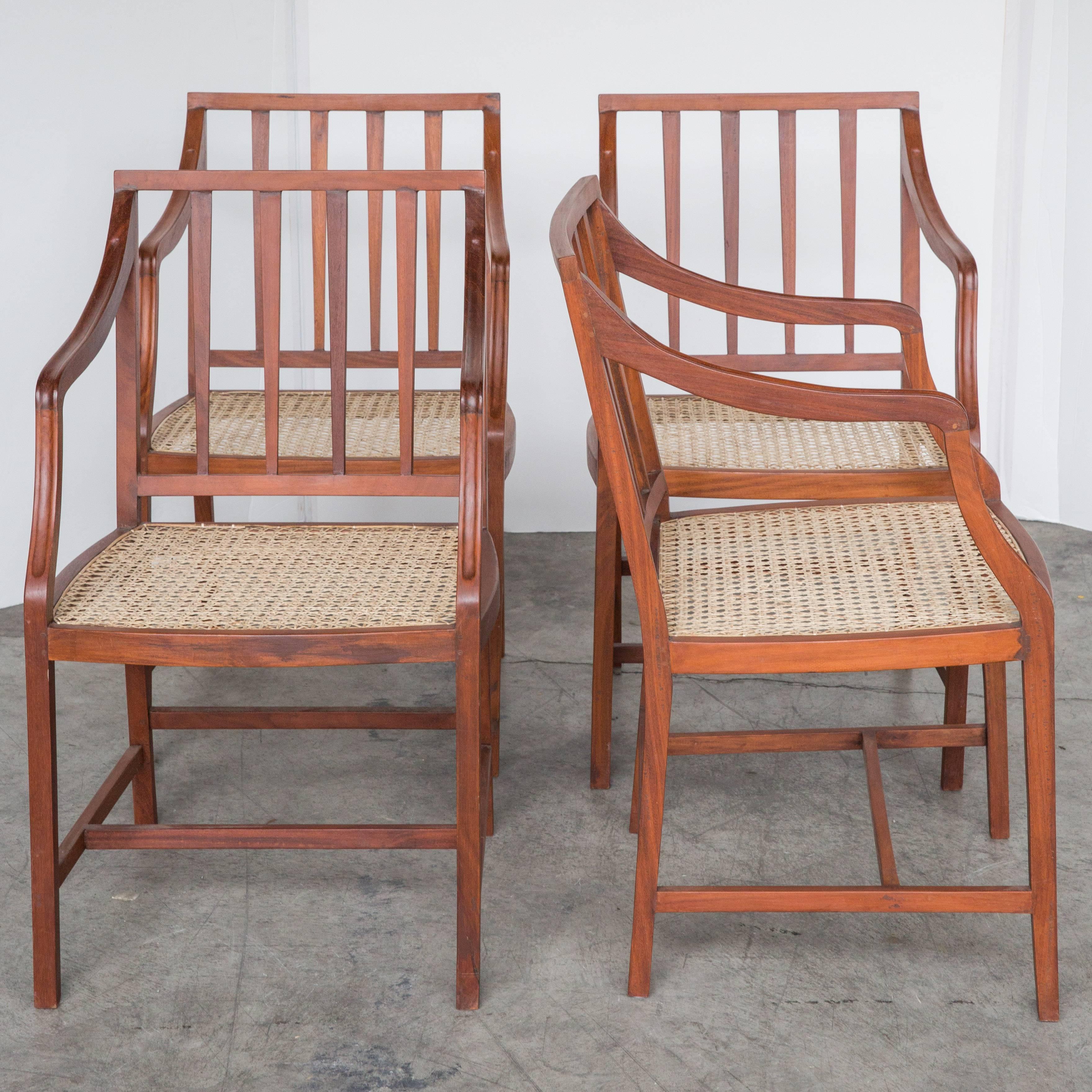 Anglo-Indian Set of Four Stylish Caned Chairs in Rare Nadun Wood For Sale