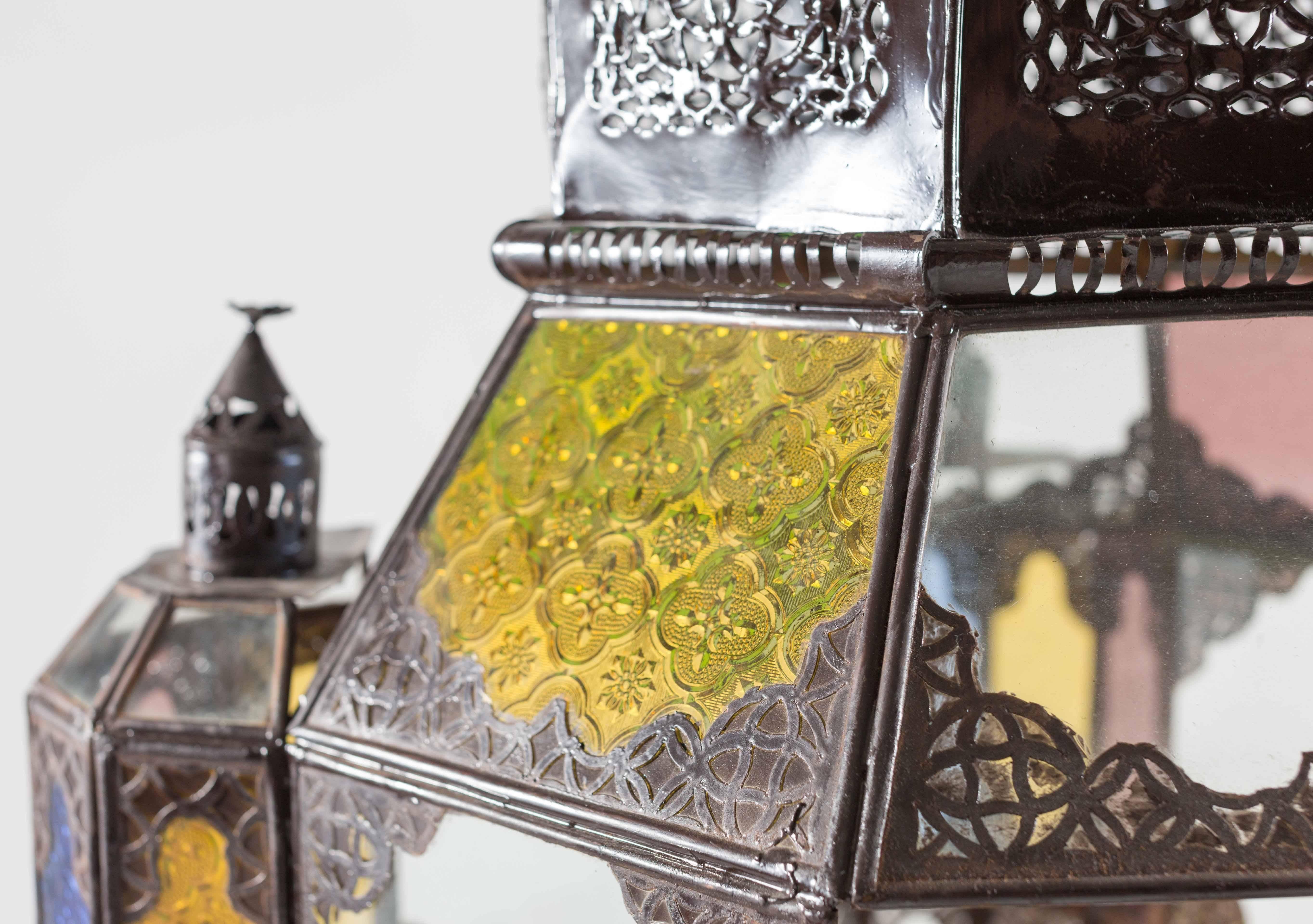 Anglo Raj Hand Crafted Moroccan Lantern with Colored Panes For Sale