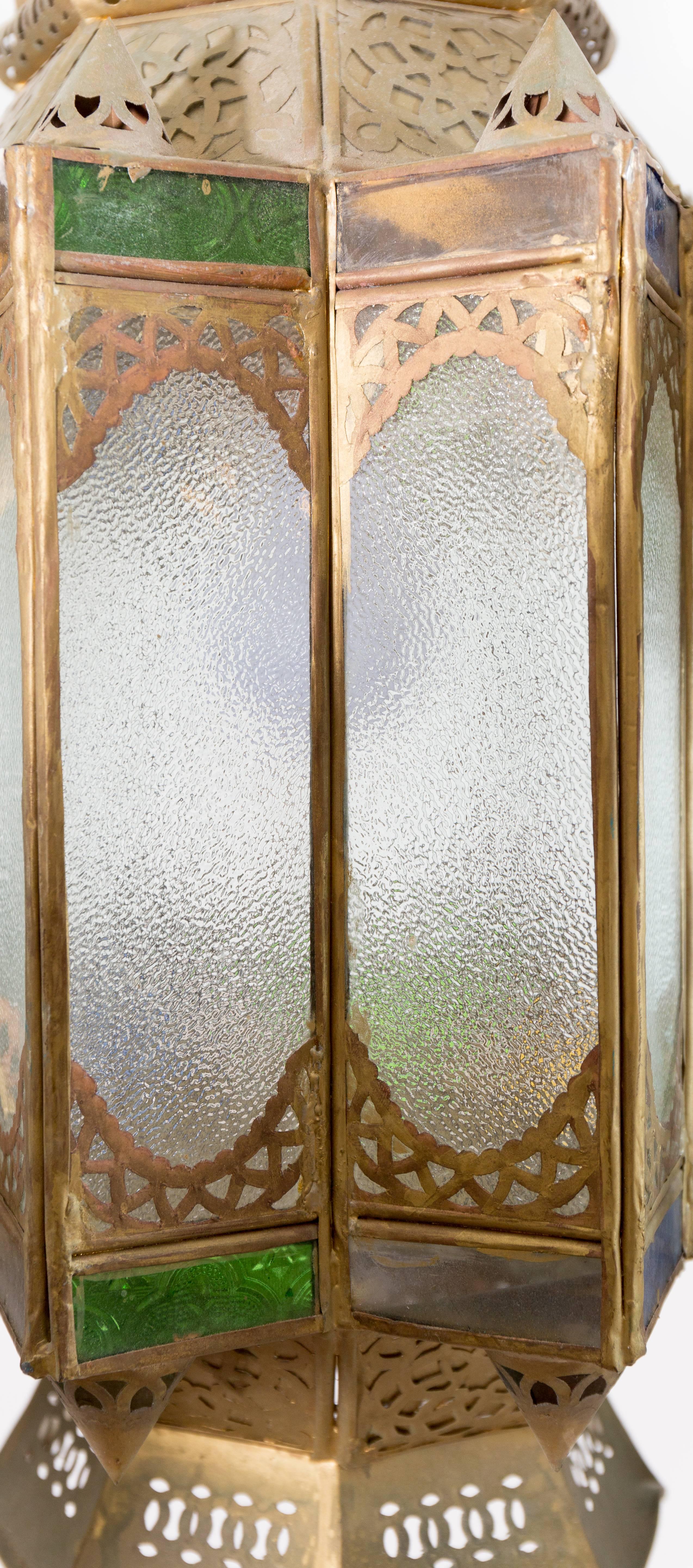 Moroccan Cluster of Pendants, Filigree with Green, Blue and White Glass Panes In Distressed Condition For Sale In Asheville, NC