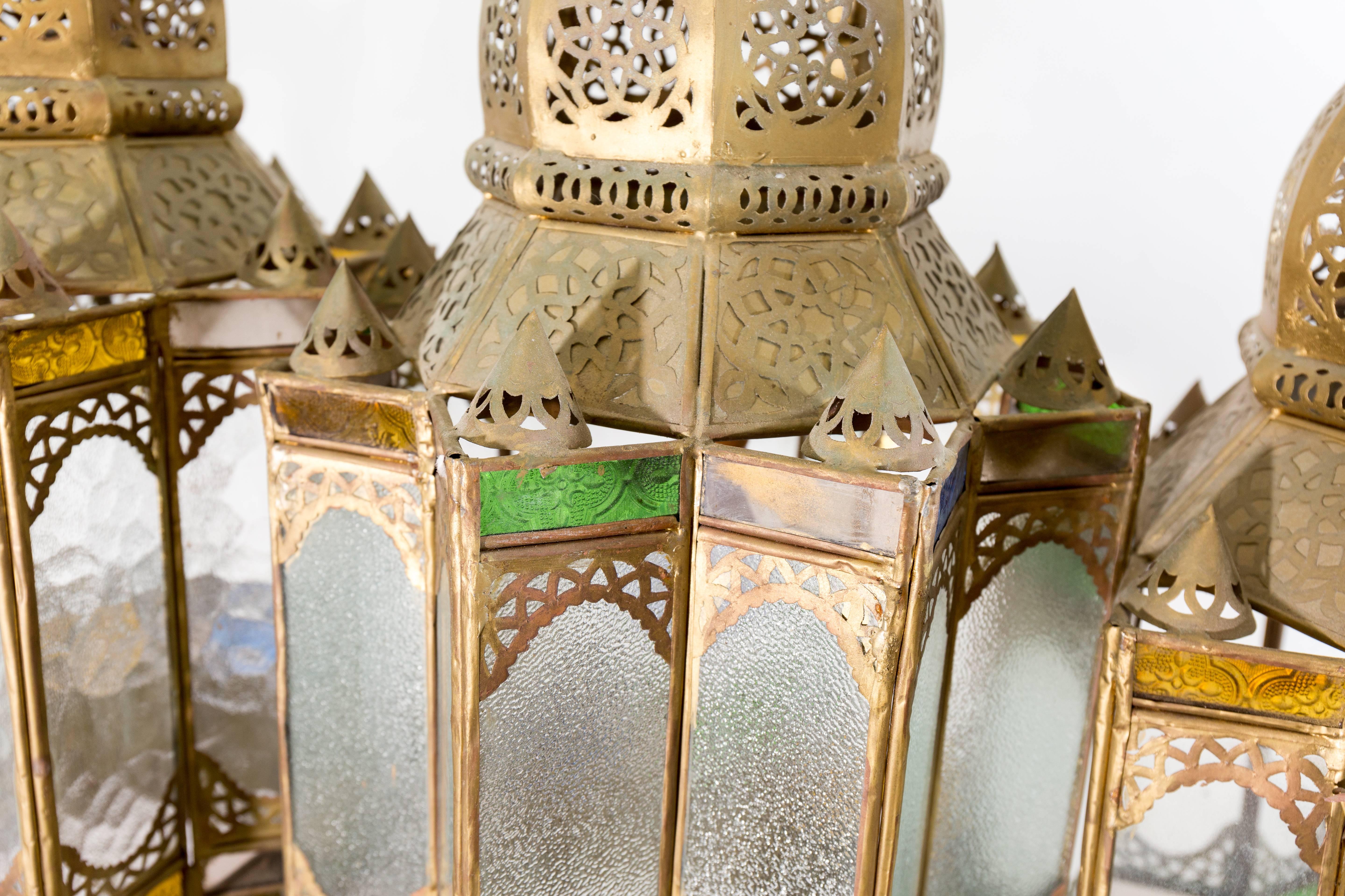 Moroccan Cluster of Pendants, Filigree with Green, Blue and White Glass Panes For Sale 2