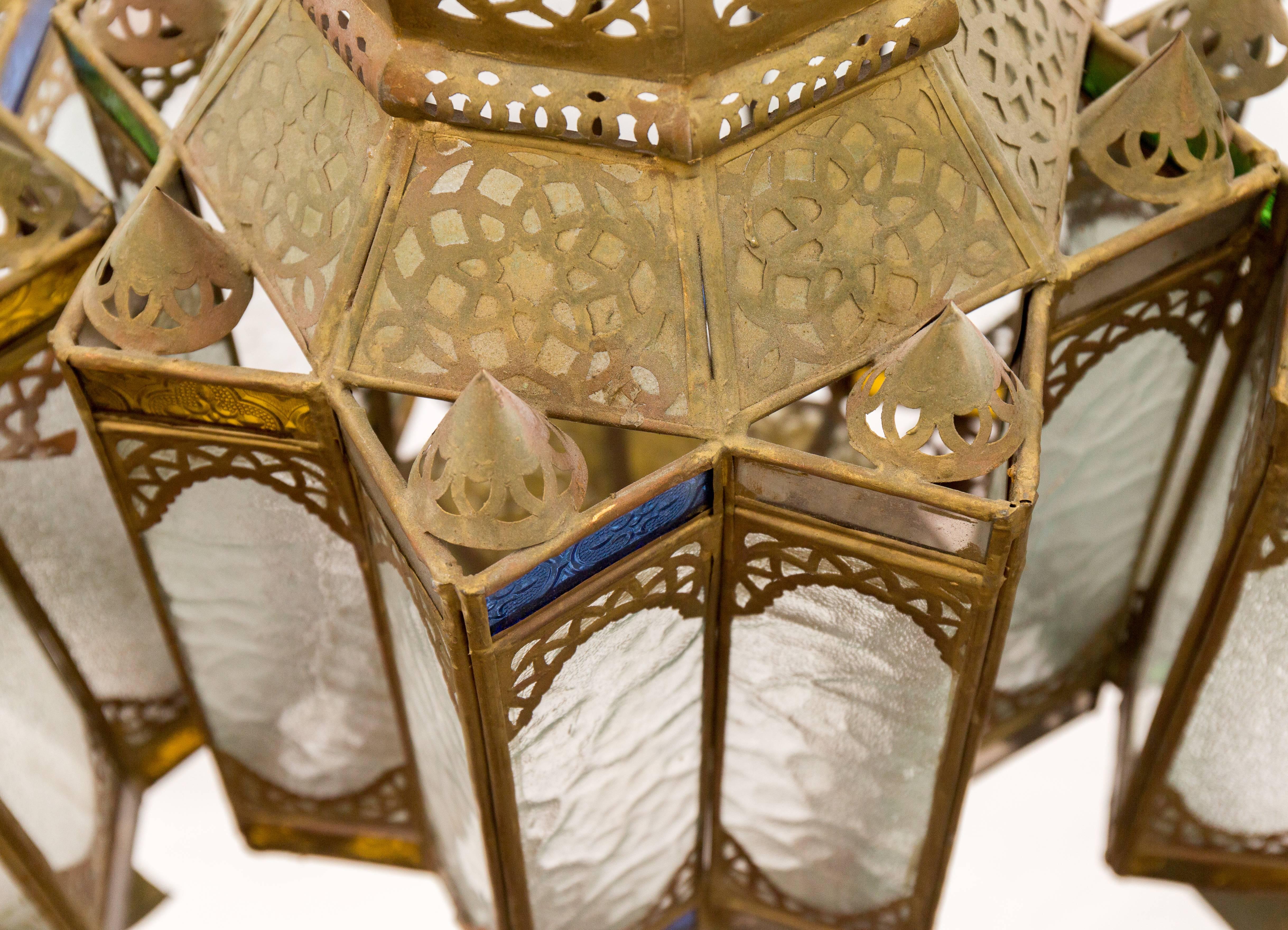 Moroccan Cluster of Pendants, Filigree with Green, Blue and White Glass Panes 3