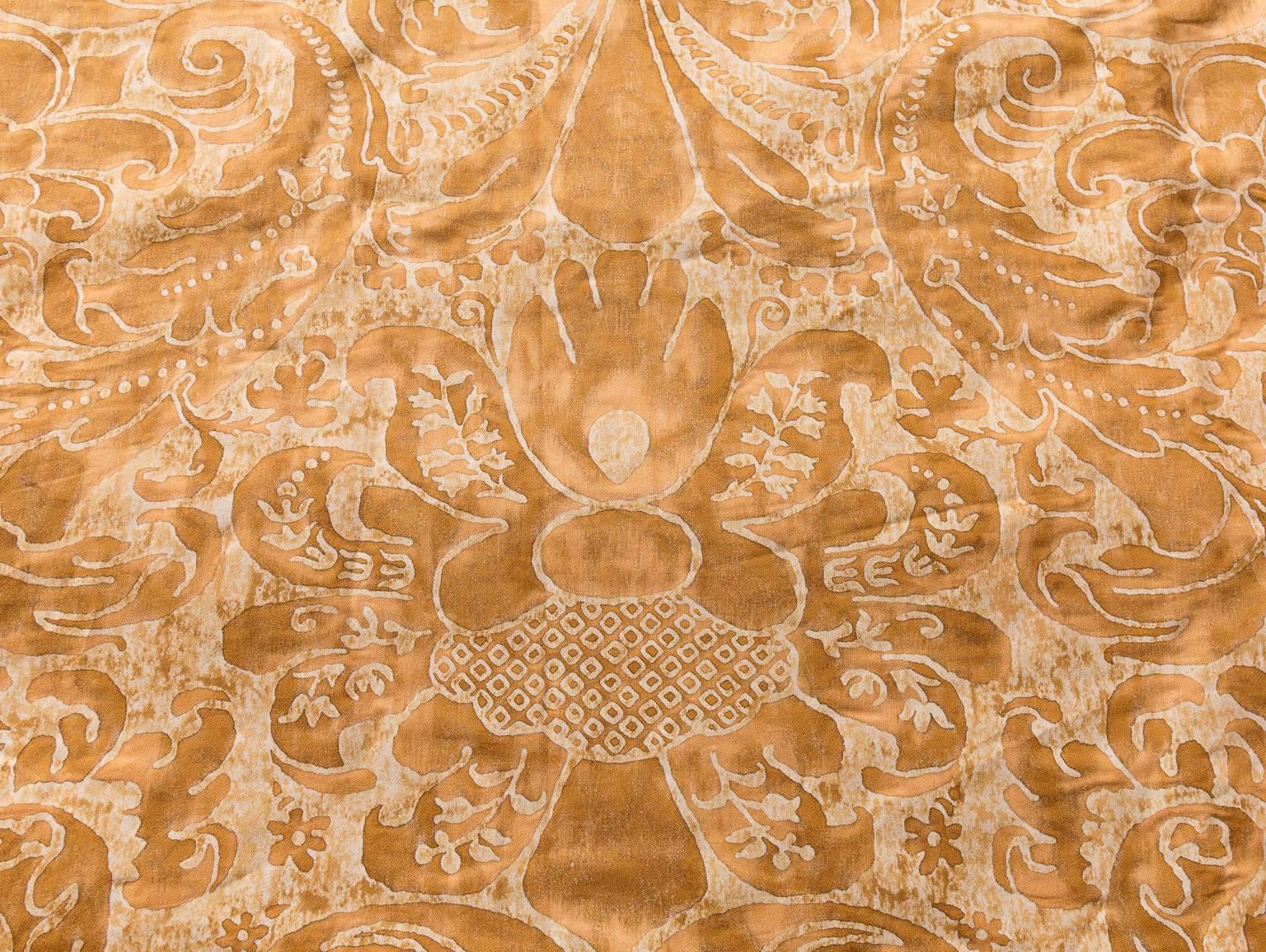 Lucious Fortuni fabric in a king-size spread. True shiny gold and white silk and cotton fabrics, Babarizi pattern. Purchased from Palm Beach first owner afraid to sit on the bedspread. Like new. I would say, 