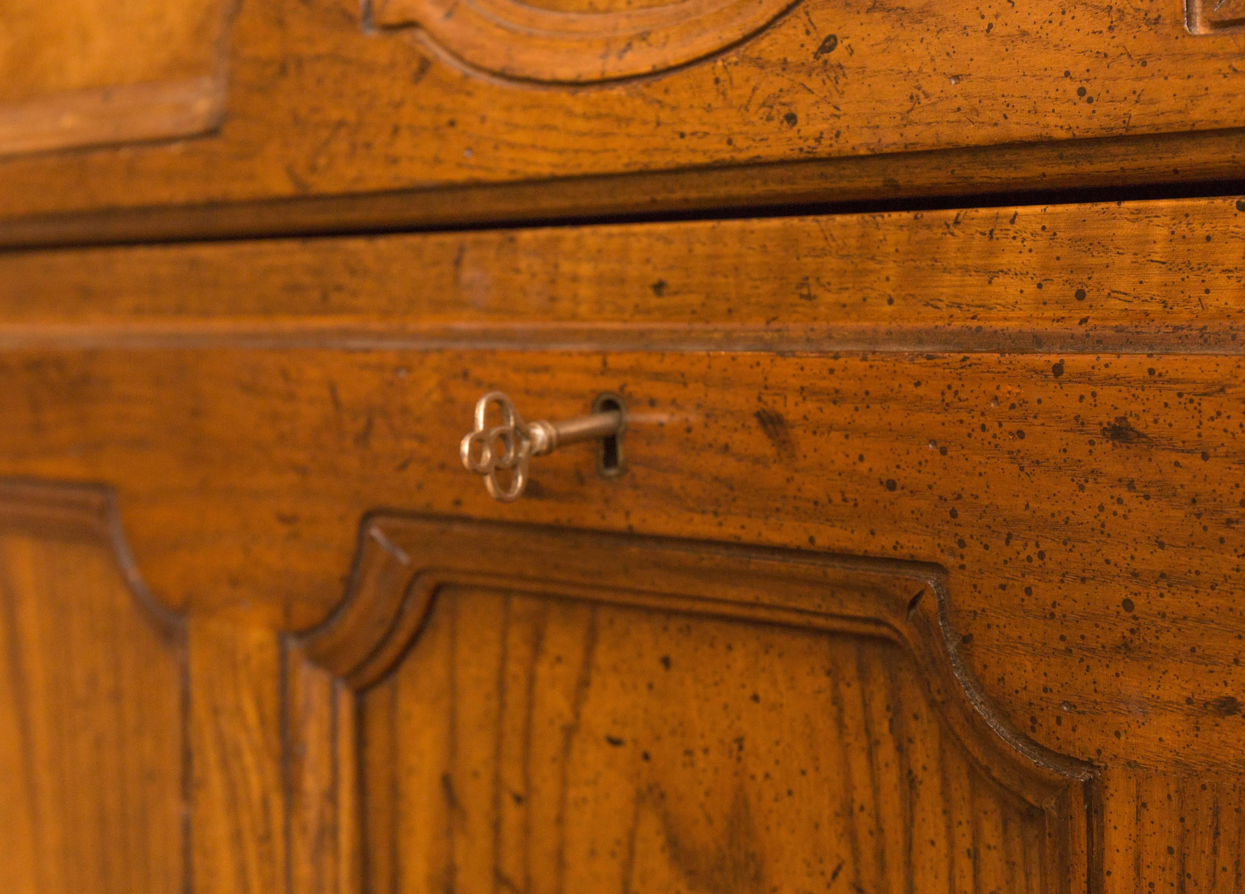 English Country French Walnut Baker Secretary with Drop Desk Mini Bar and Lattice Doors For Sale