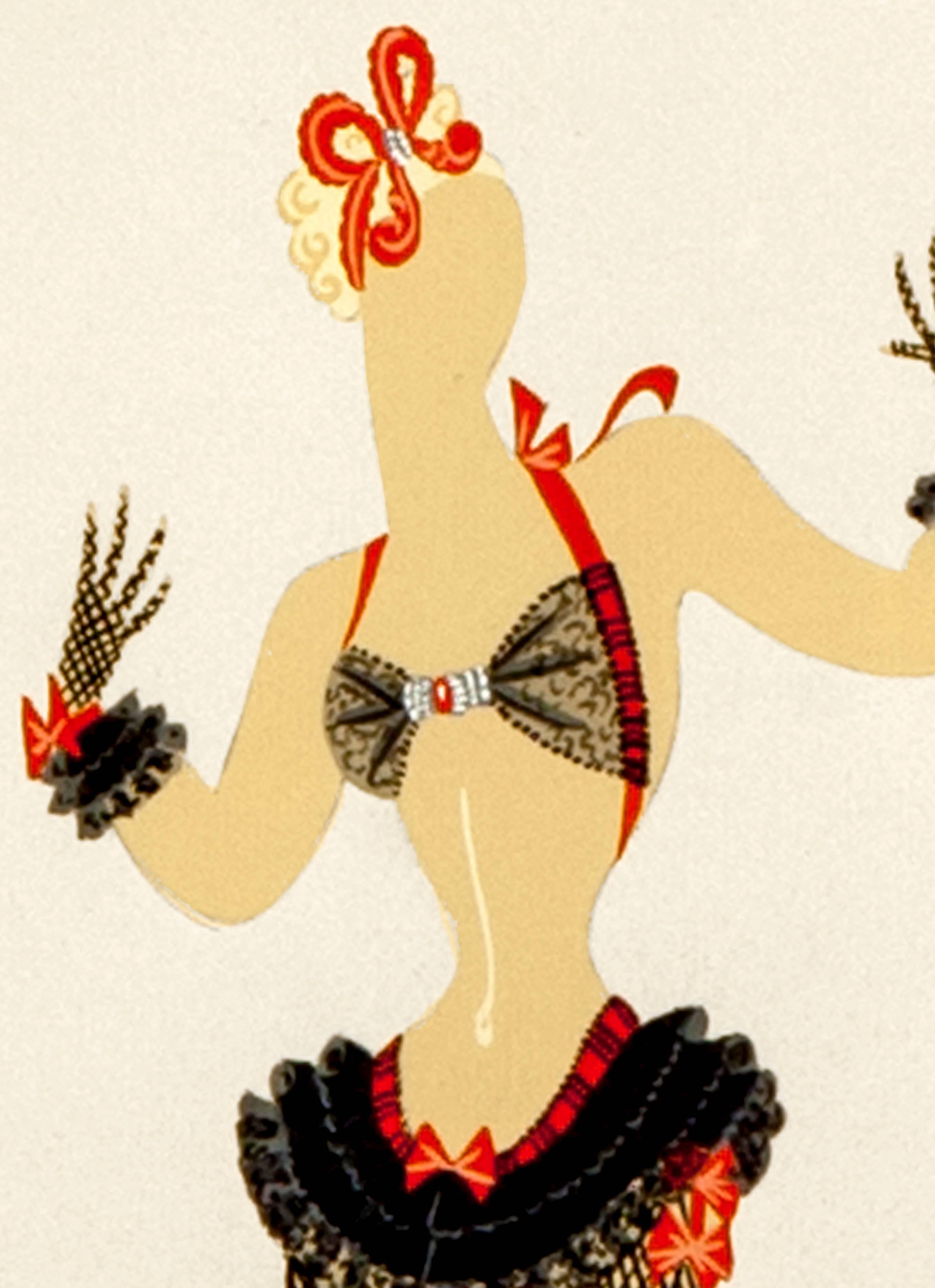 Signed original gouache painting by Romain de Tirtoff, aka Erté. This very rare original features a woman wearing fishnet stockings and a pearl-and-lace top with black gloves and a red hair bow. 

