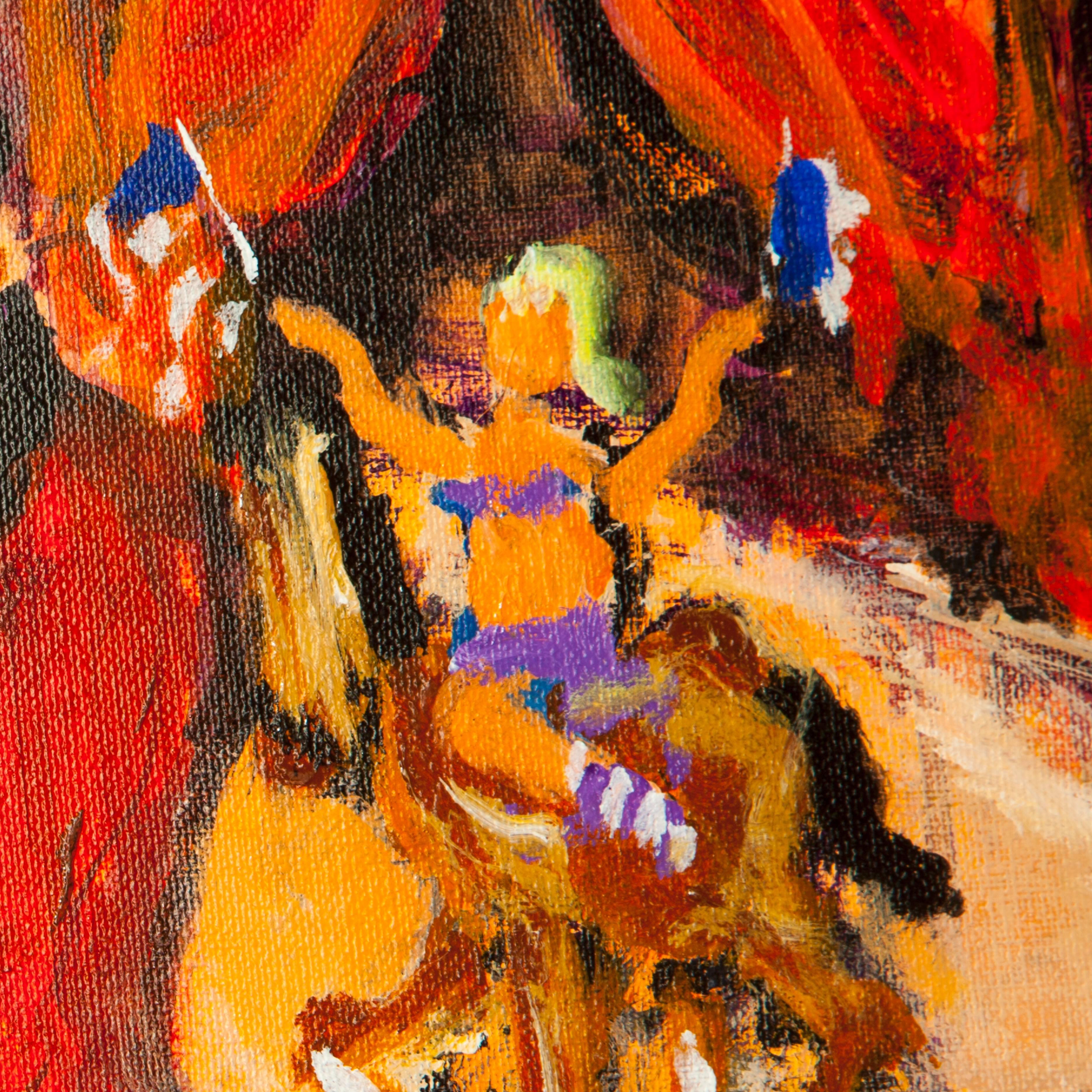 Signed original acrylic by Urban Huchet (French, 1930-2014). This acrylic on canvas was painted in his Paris Studio. 

Au Cirque is a wonderful representation of the circus in full swing, complete with the ring master in read wearing a top hat and