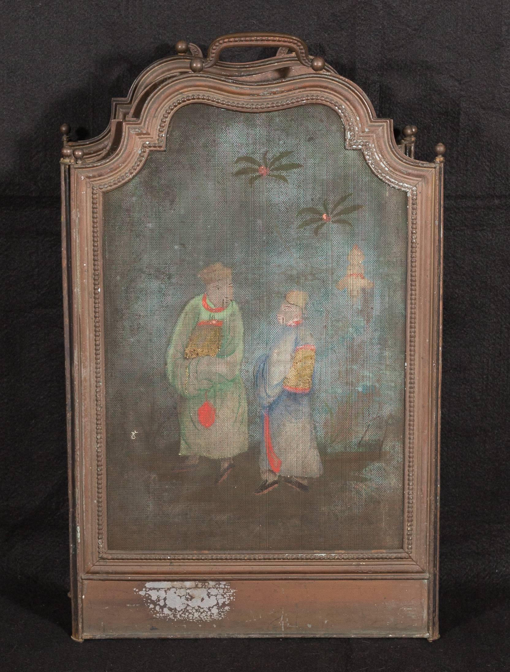 Forged Antique Hand-Painted Brass Chinoiserie Fire Screen