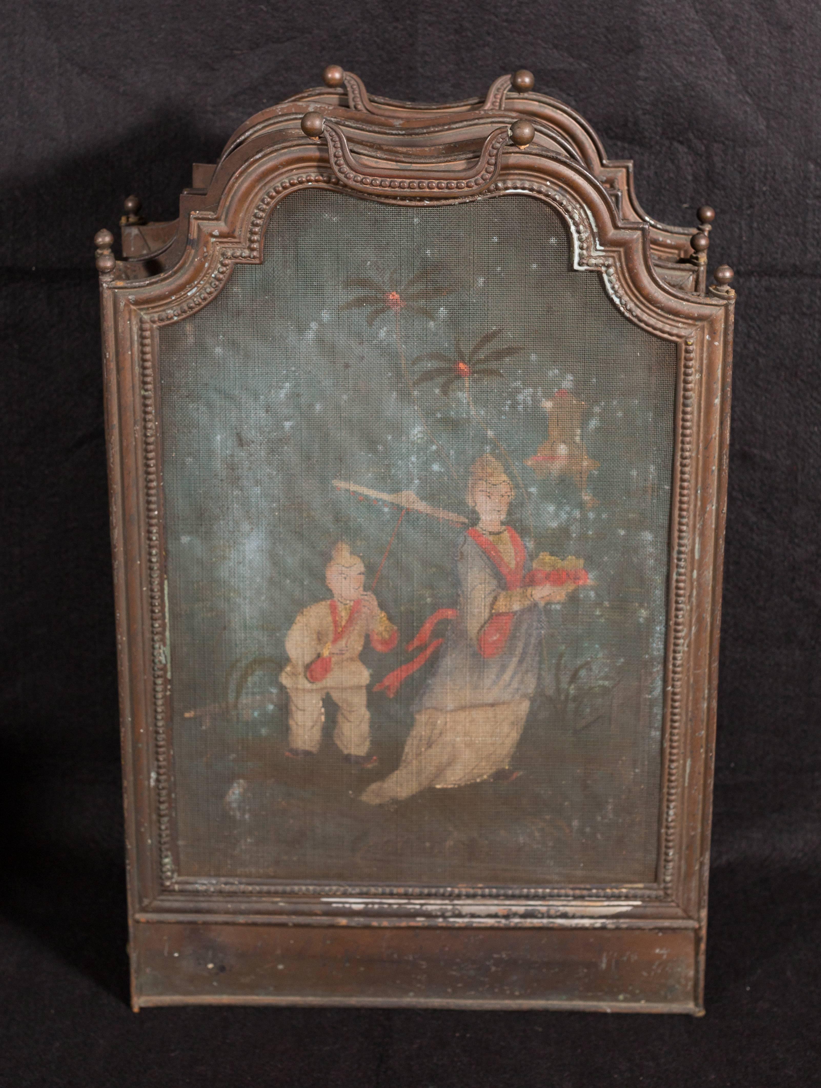 Antique Hand-Painted Brass Chinoiserie Fire Screen In Distressed Condition In Asheville, NC