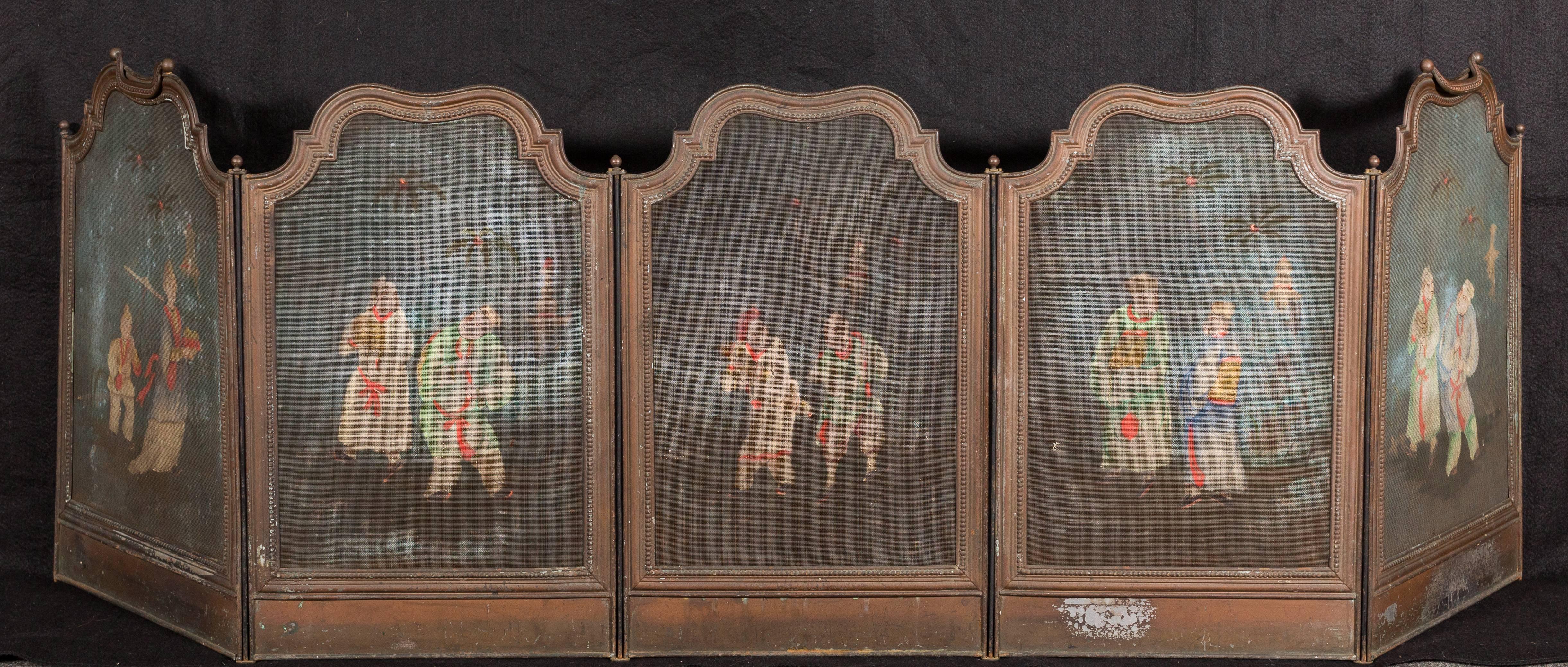 Asian Antique Hand-Painted Brass Chinoiserie Fire Screen