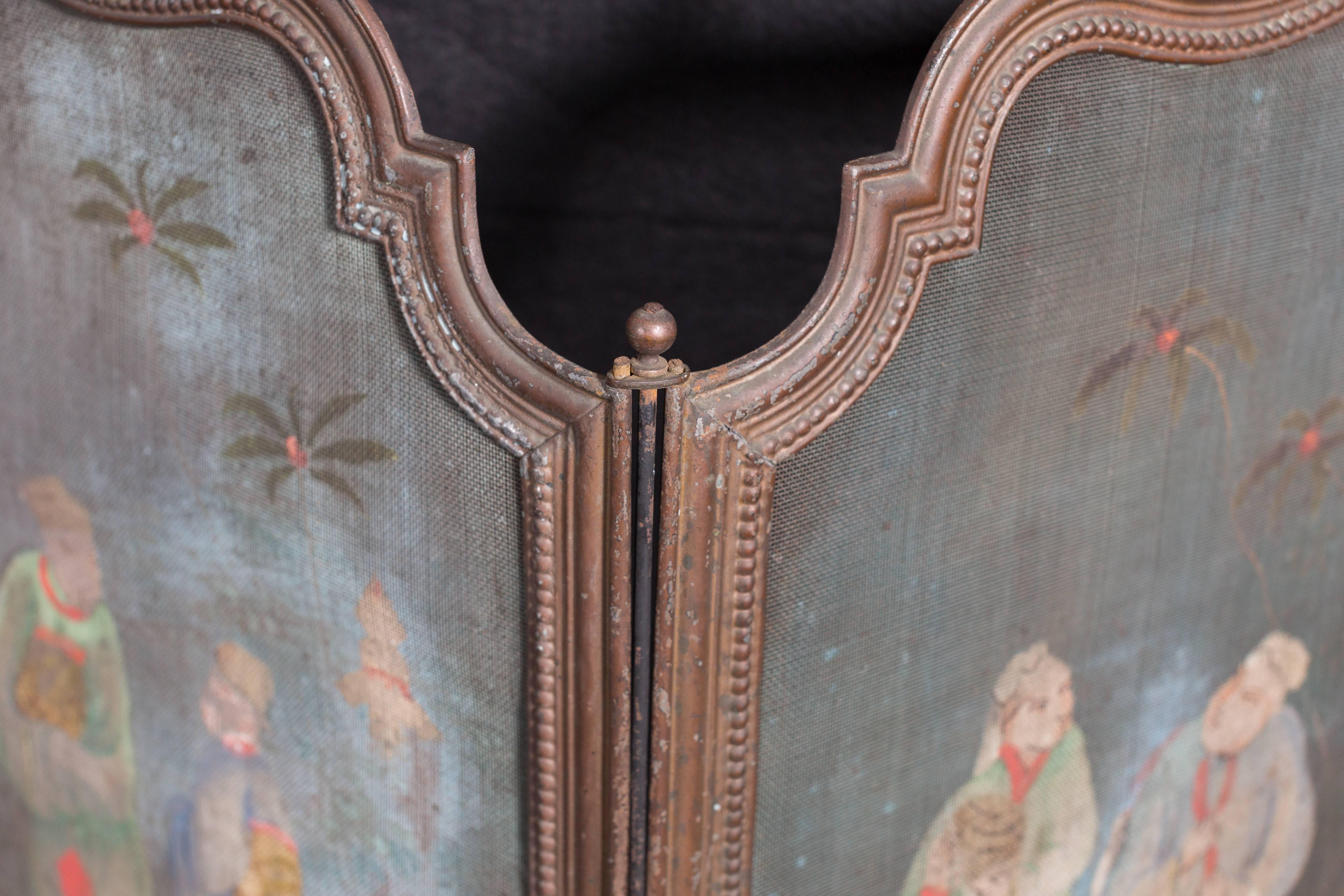 Antique Hand-Painted Brass Chinoiserie Fire Screen 1