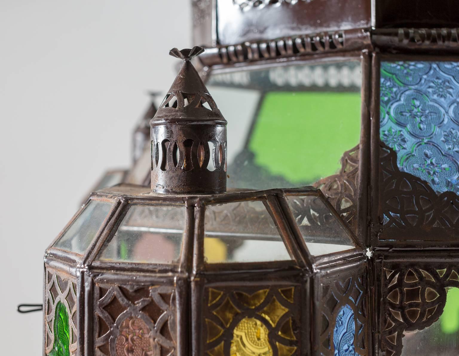 Indian Hand Crafted Moroccan Lantern with Colored Panes For Sale