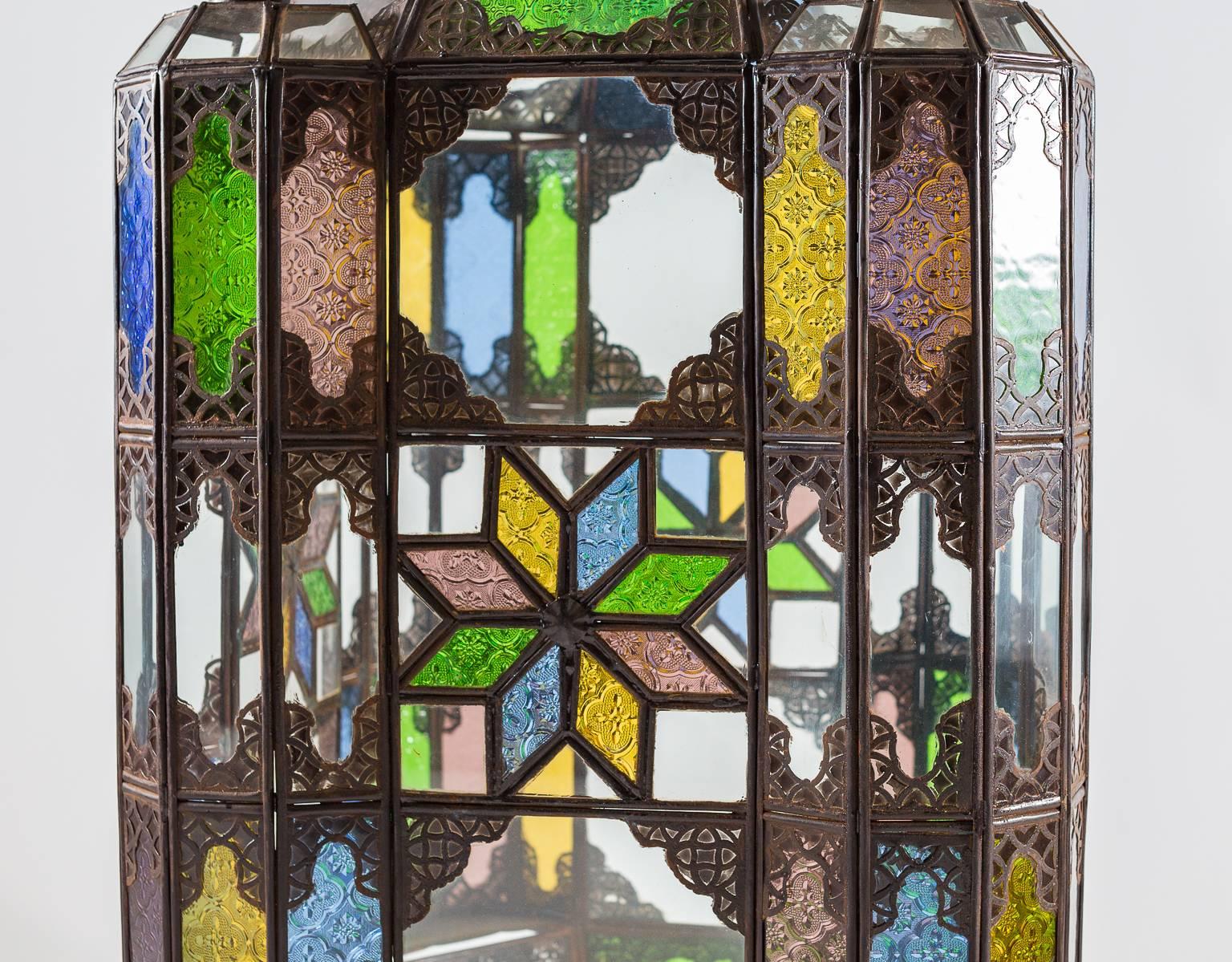 Bronzed Hand Crafted Moroccan Lantern with Colored Panes For Sale