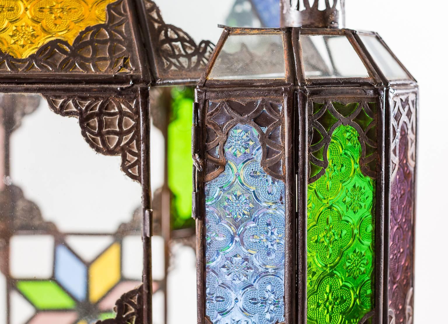 Hand Crafted Moroccan Lantern with Colored Panes In Fair Condition For Sale In Asheville, NC