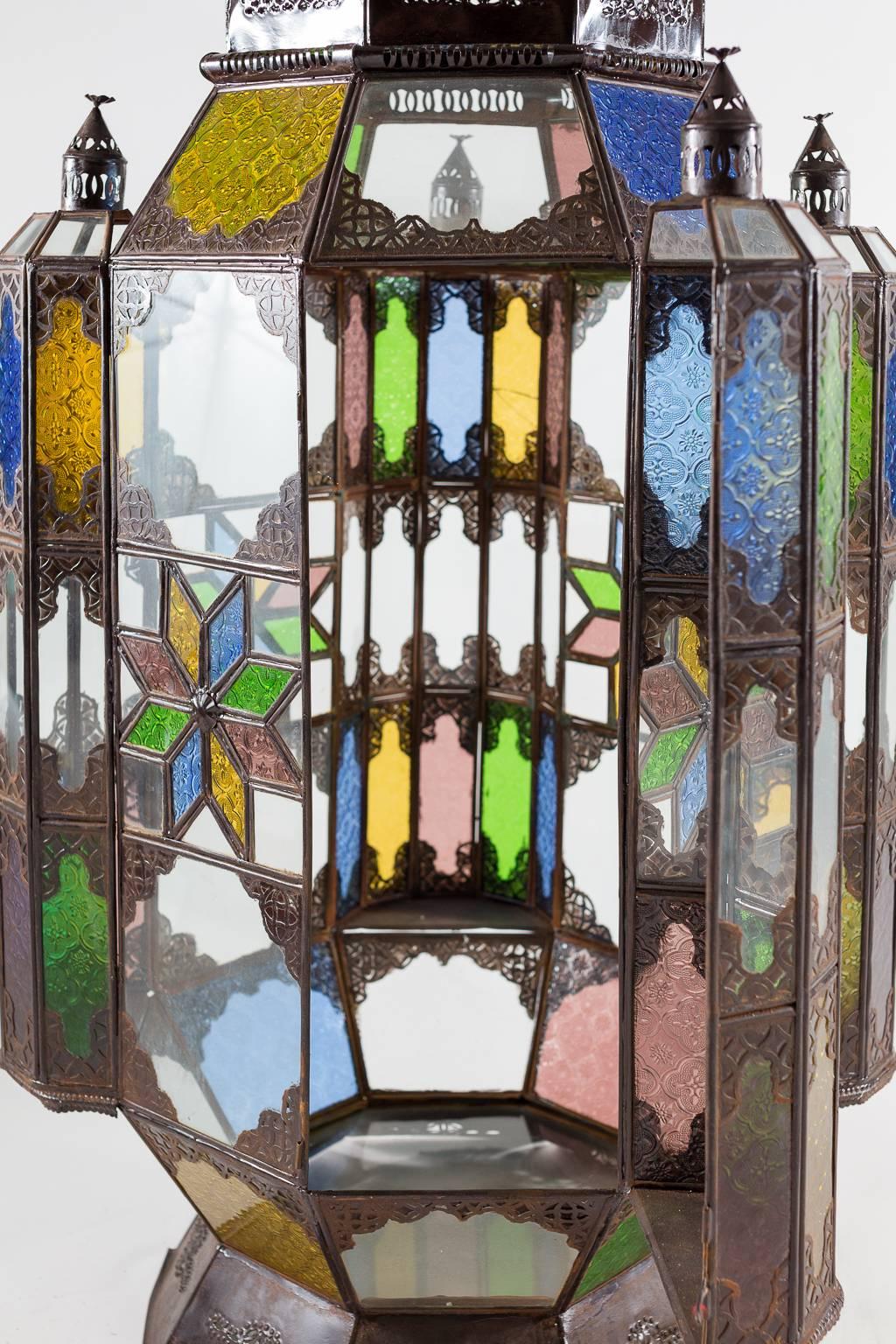 Hand Crafted Moroccan Lantern with Colored Panes For Sale 1