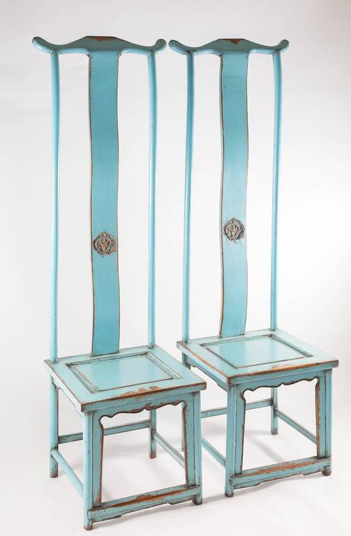 Chinese Export Pair of Blue Painted Elm Yoke Back Officials Hat Chairs For Sale