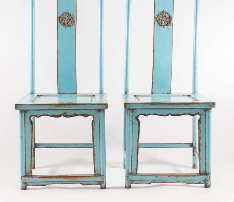 Pair of Blue Painted Elm Yoke Back Officials Hat Chairs For Sale 1
