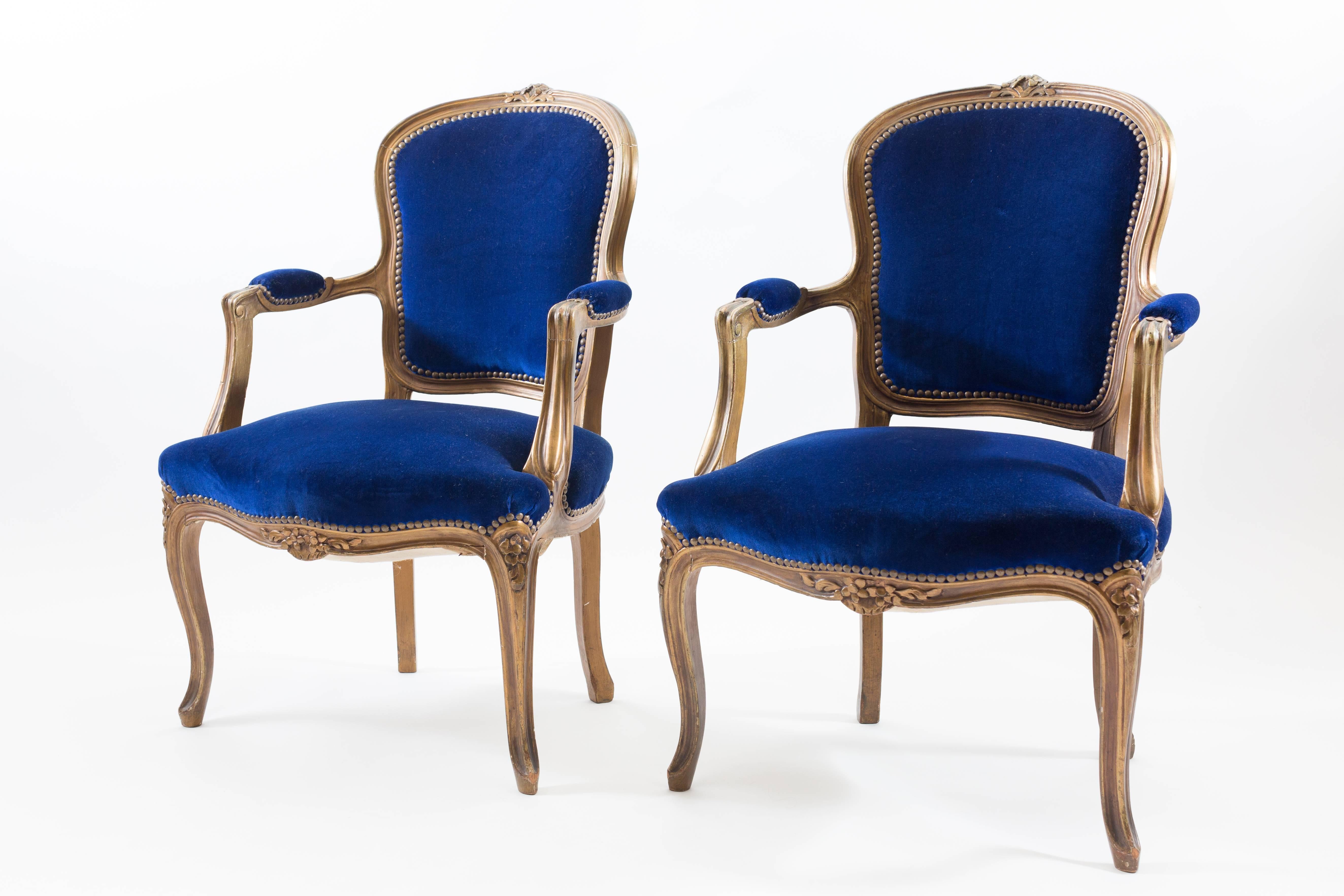 Louis XV Pair of Cobalt Blue Velvet Louis Bergere Padded Armchairs