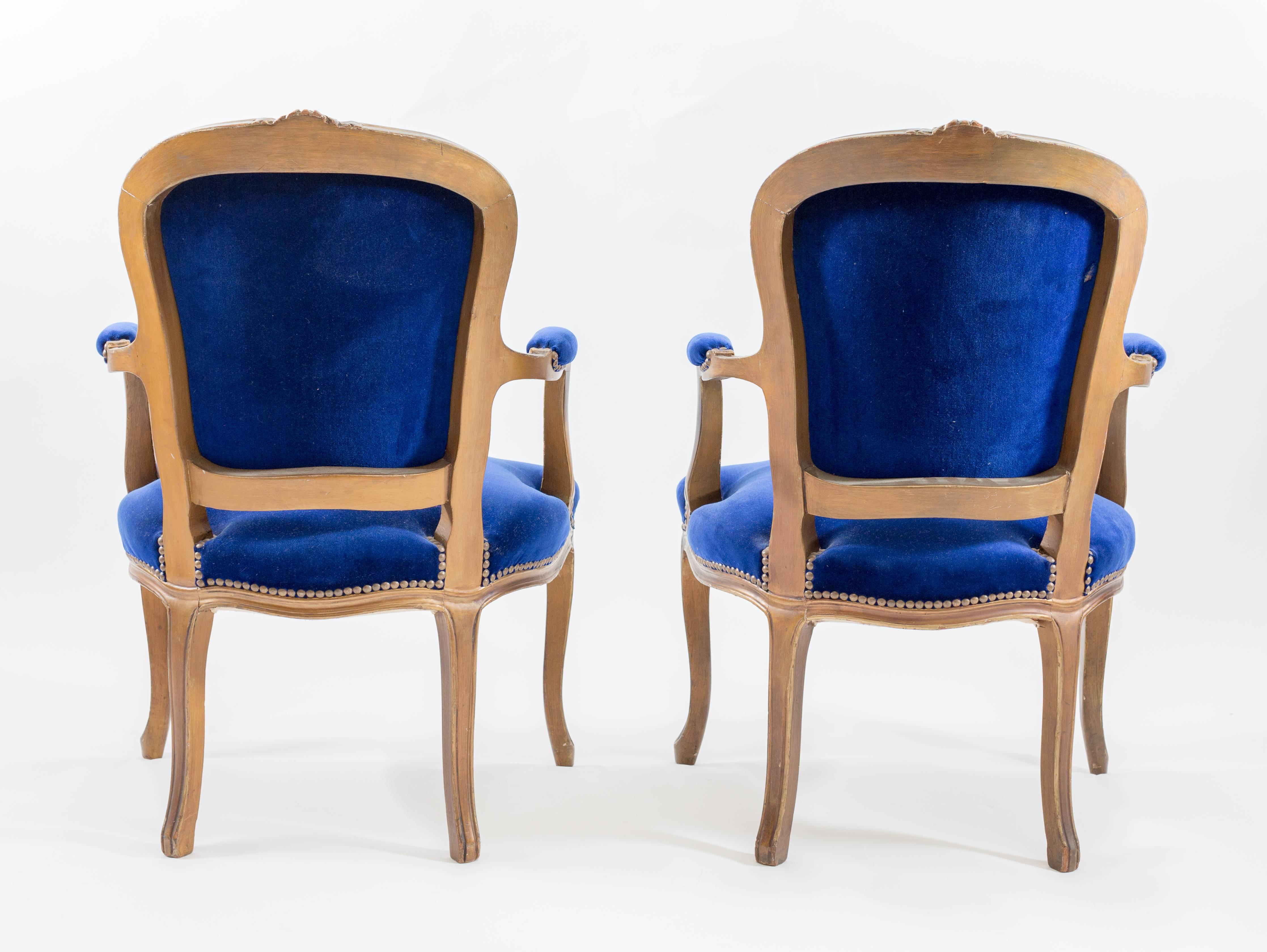 French Pair of Cobalt Blue Velvet Louis Bergere Padded Armchairs