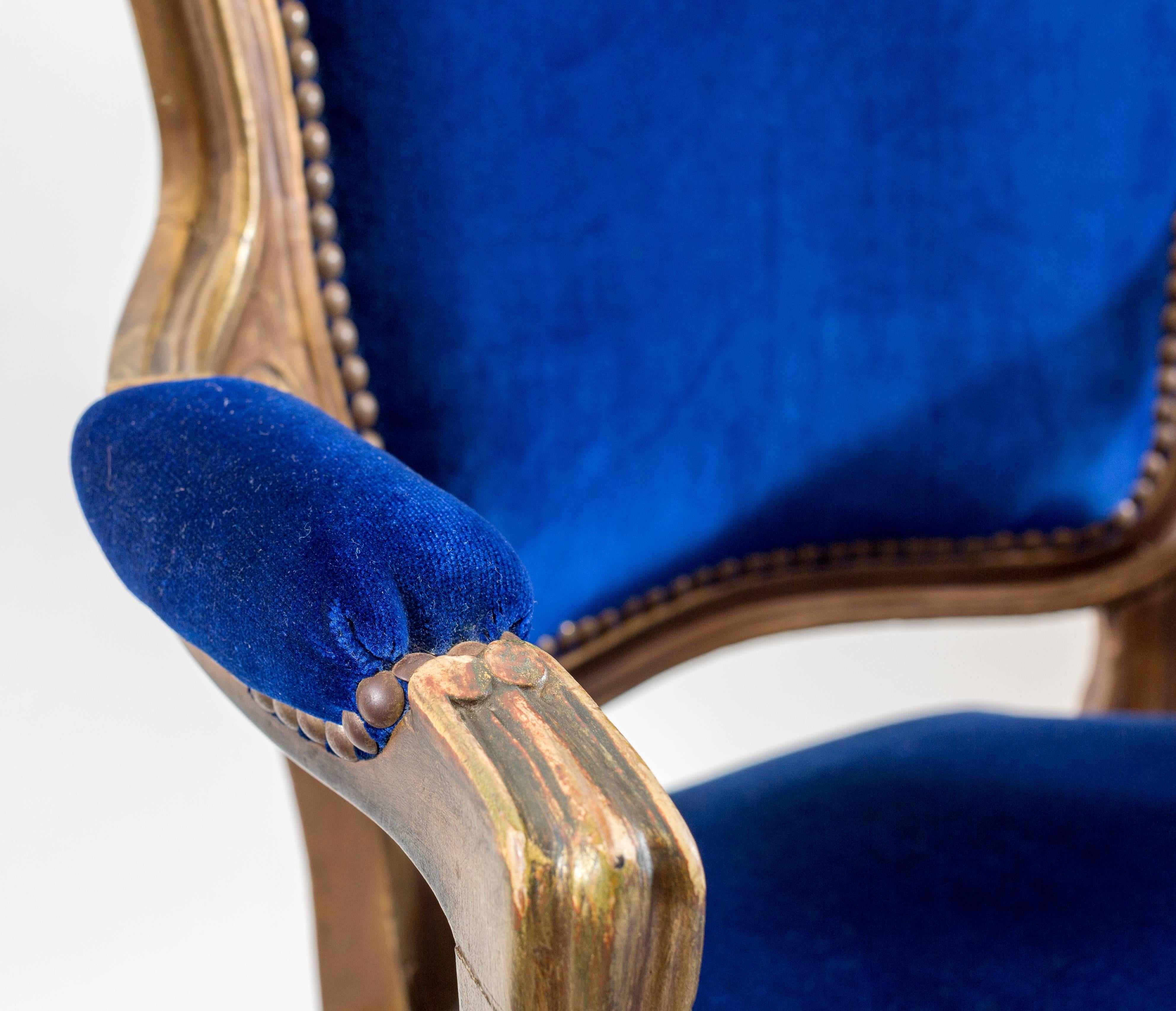 19th Century Pair of Cobalt Blue Velvet Louis Bergere Padded Armchairs